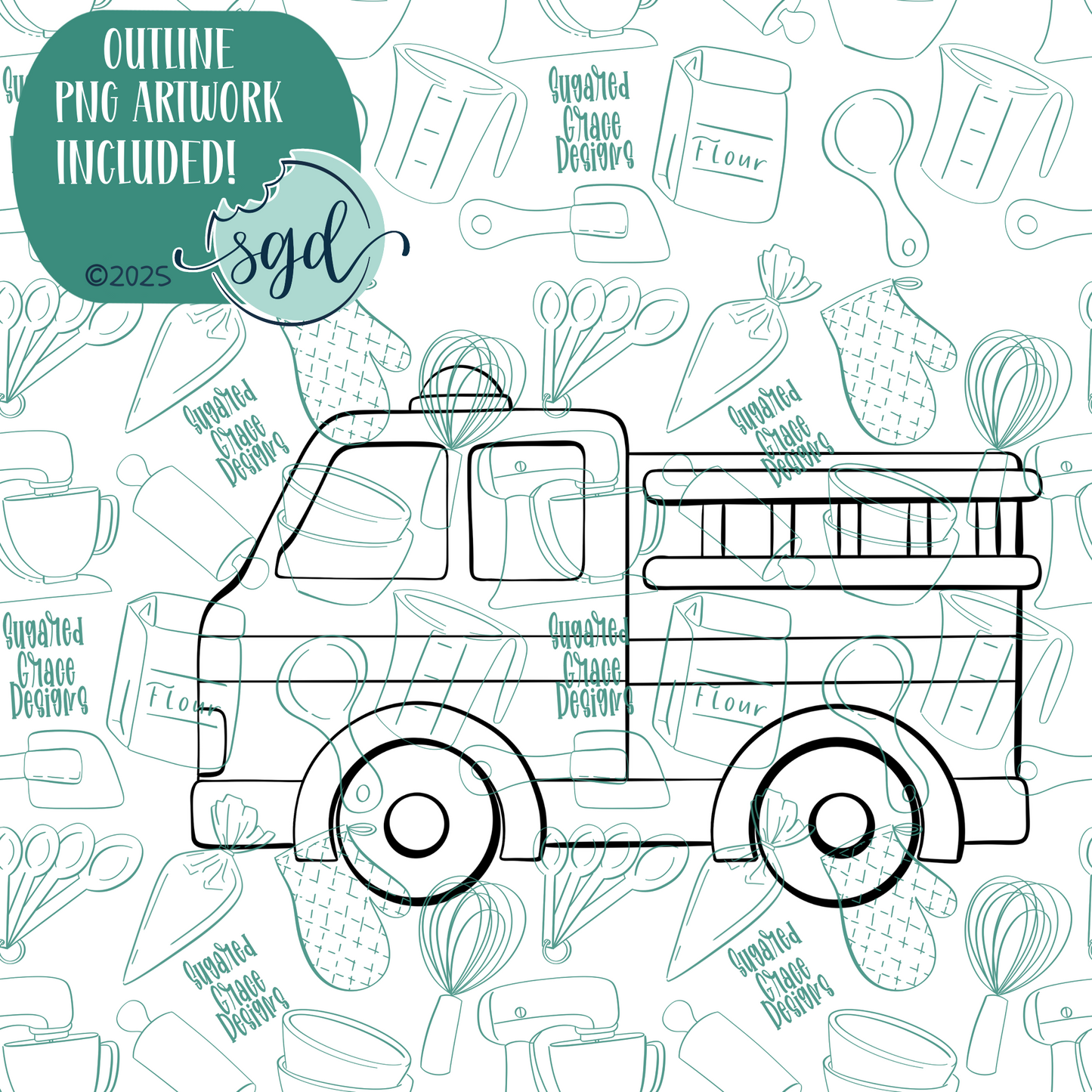 Fire Truck Cookie Cutter with PNG Images to Match - Hand Drawn Graphics for Edible Ink Printers
