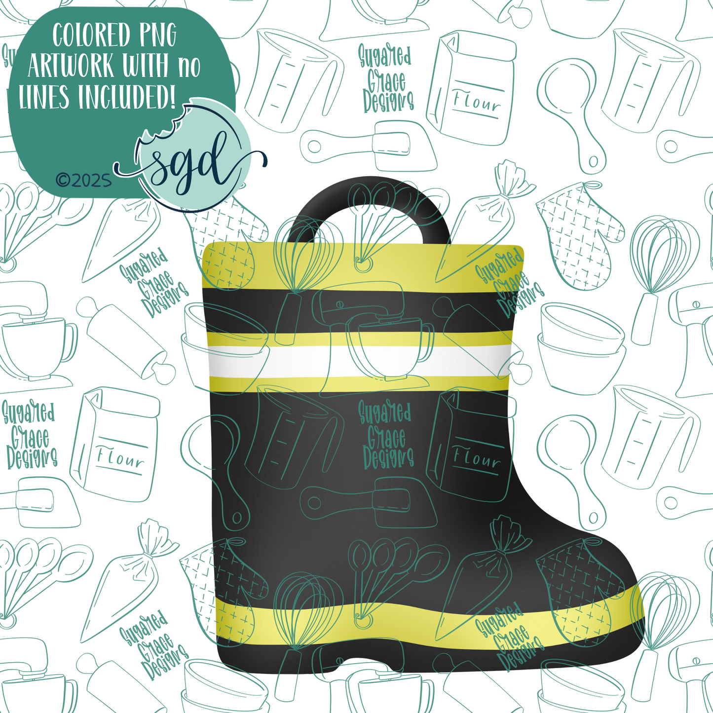 Fireman Boot Cookie Cutter with PNG Images to Match - Hand Drawn Graphics for Edible Ink Printers