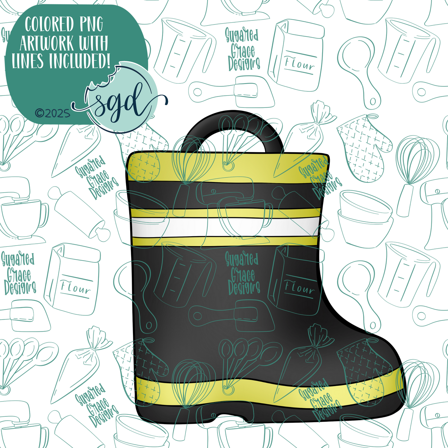 Fireman Boot Cookie Cutter with PNG Images to Match - Hand Drawn Graphics for Edible Ink Printers