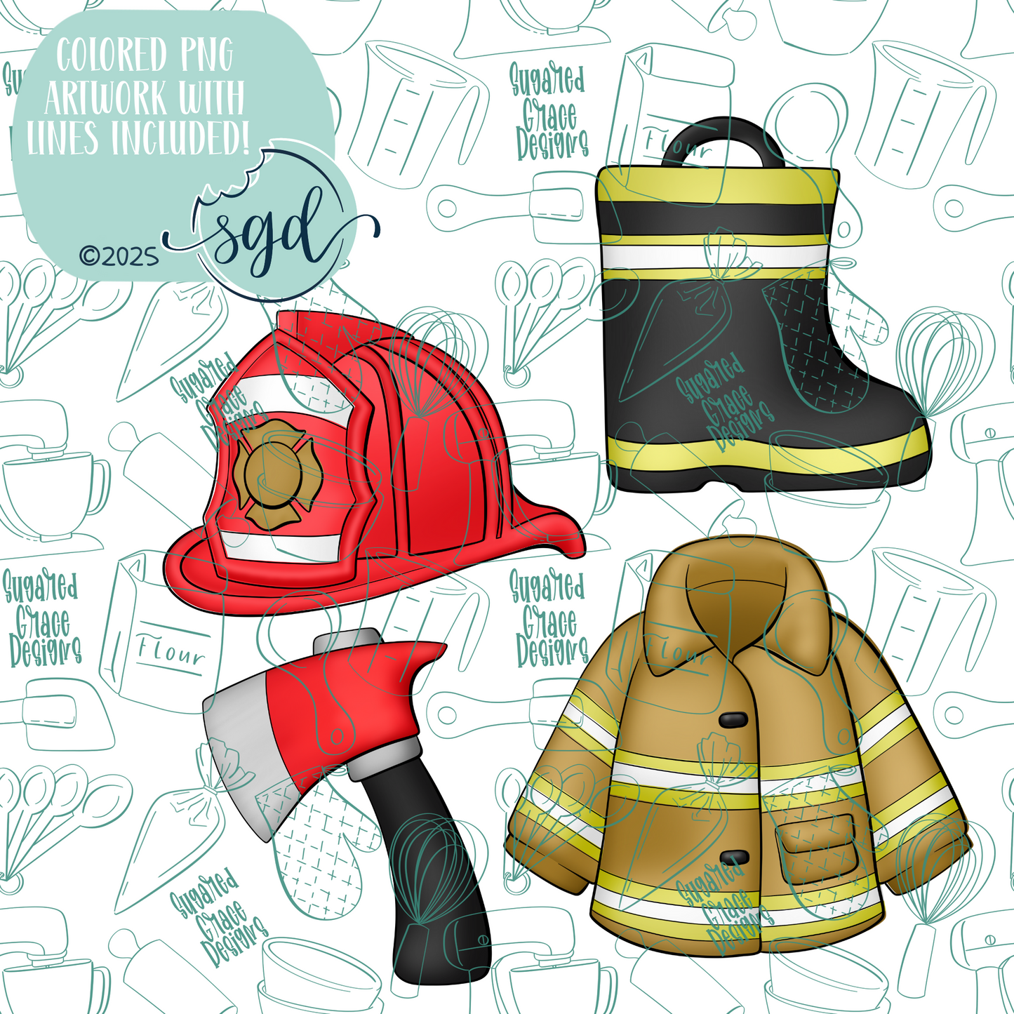 Fireman Cookie Cutter STL File Set of 4 with PNG Images to Match - For 3D Printing and Edible Ink Printers