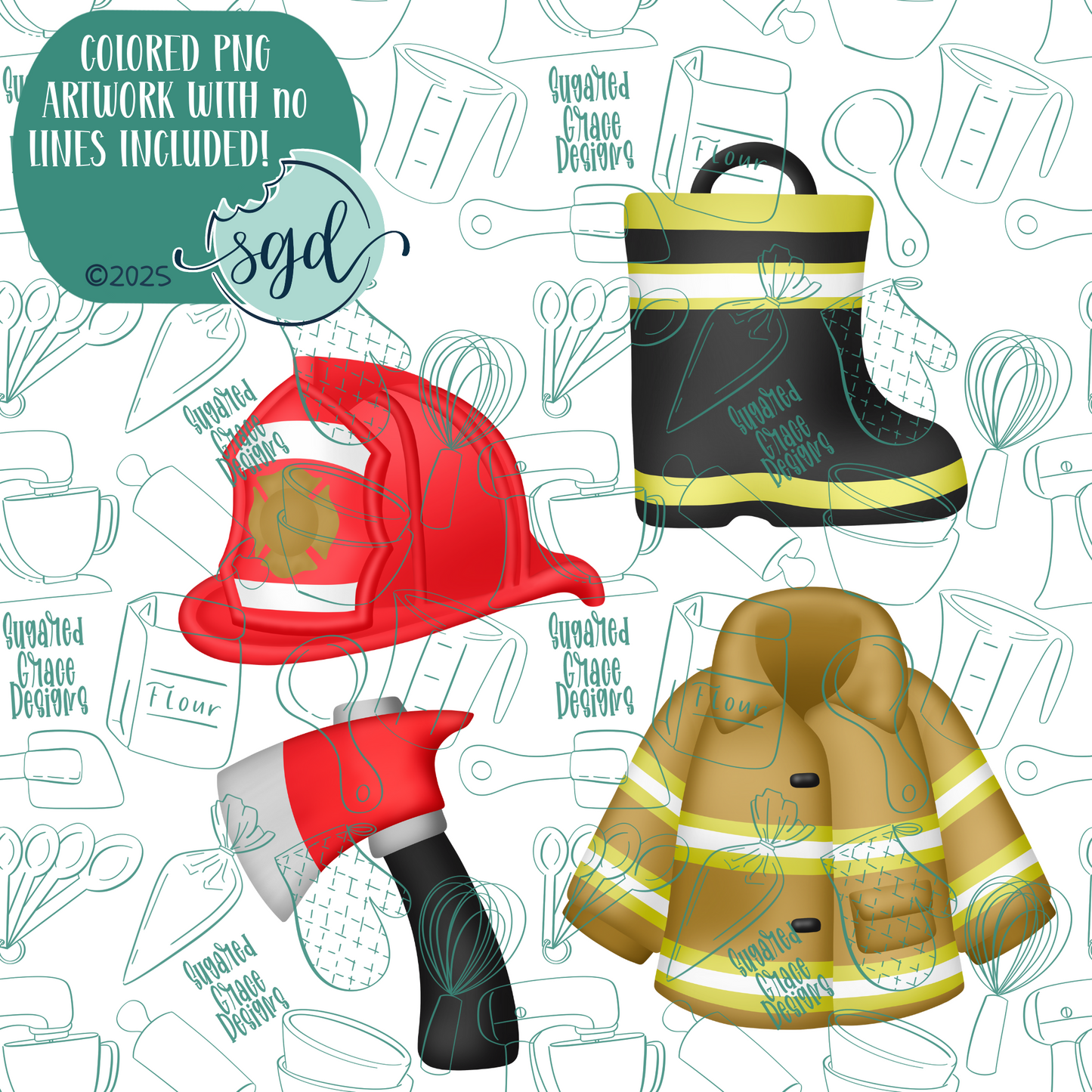 Fireman Cookie Cutter Set of 4 with PNG Images to Match - Hand Drawn Graphics for Edible Ink Printers