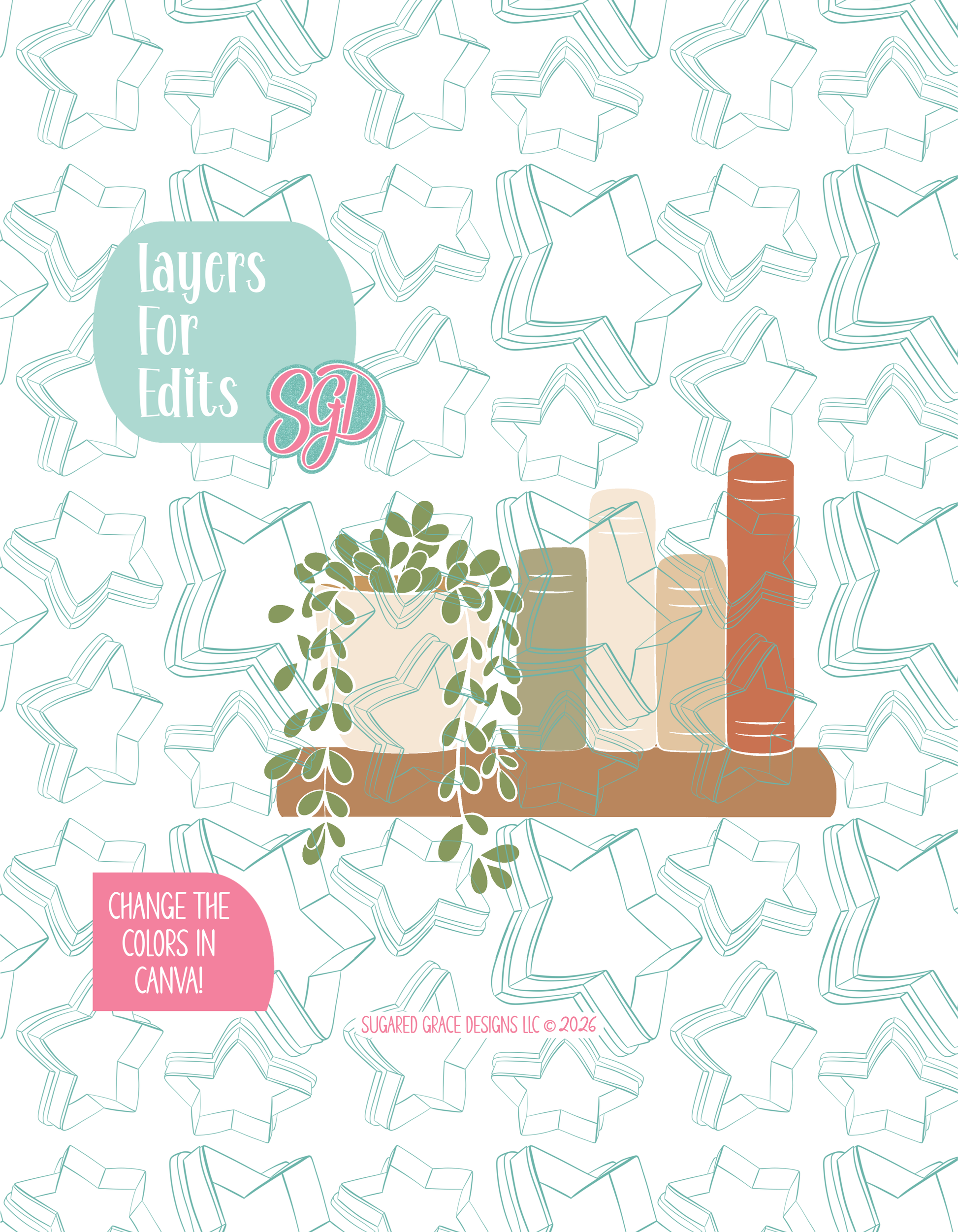 Colored layer breakdown of the floral book shelf showing each section in a different color, with every color representing a separate editable layer in Canva. Displayed on a background watermarked with Sugared Grace Designs’ teal star pattern