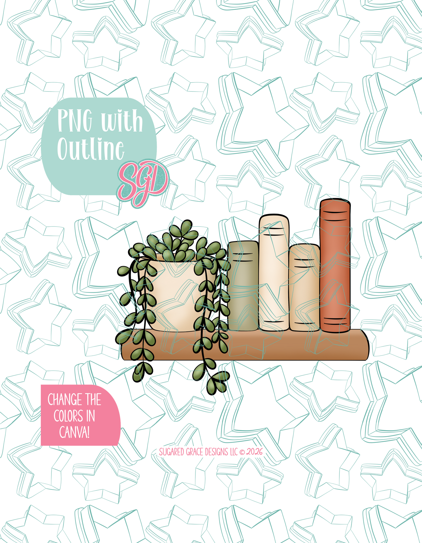 Full color illustrated floral book shelf, shown with a black outline on a background watermarked with Sugared Grace Designs’ teal star pattern