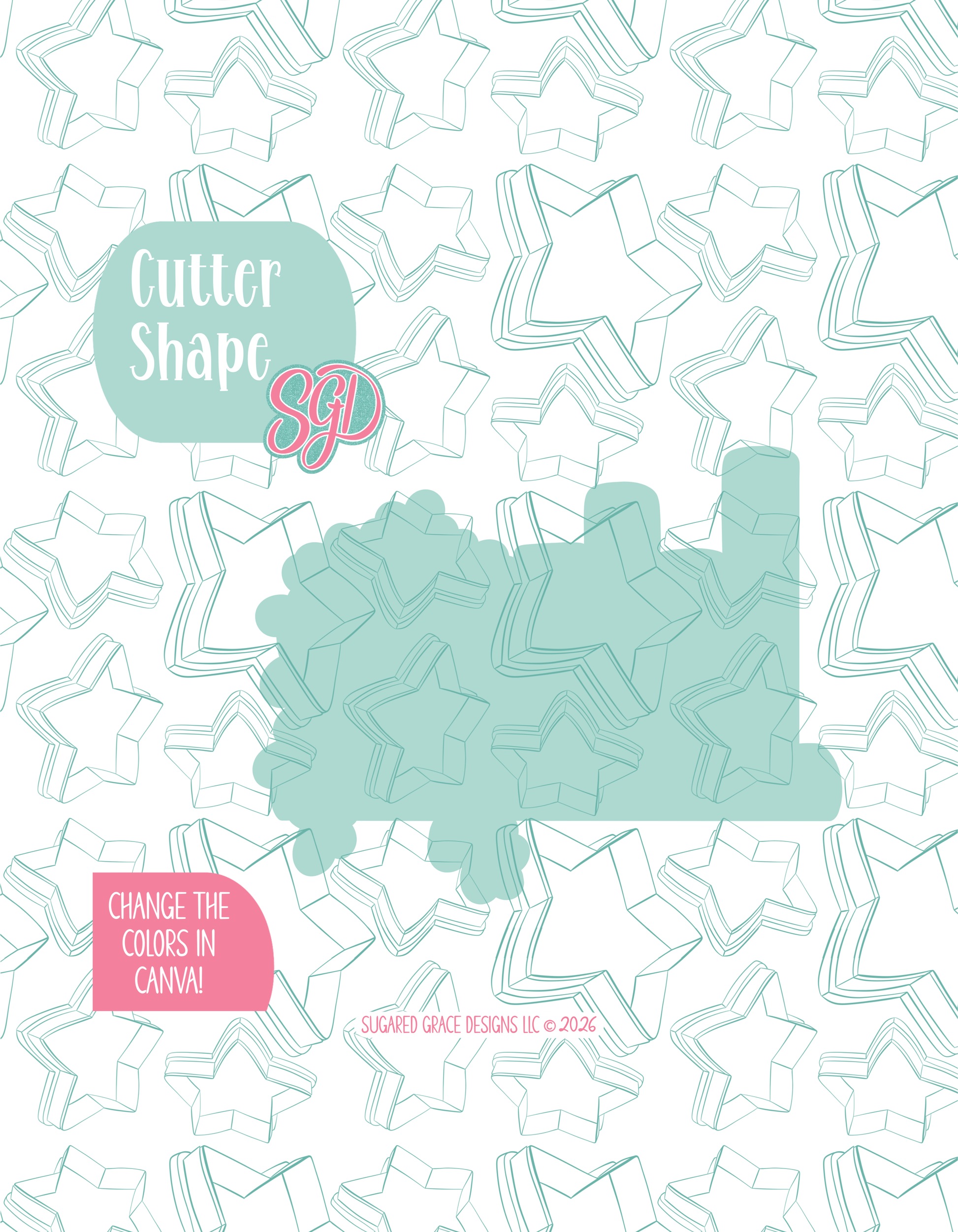 Solid teal silhouette showing the exact outer shape of the floral book shelf cookie cutter, displayed on a background watermarked with Sugared Grace Design’s teal star pattern
