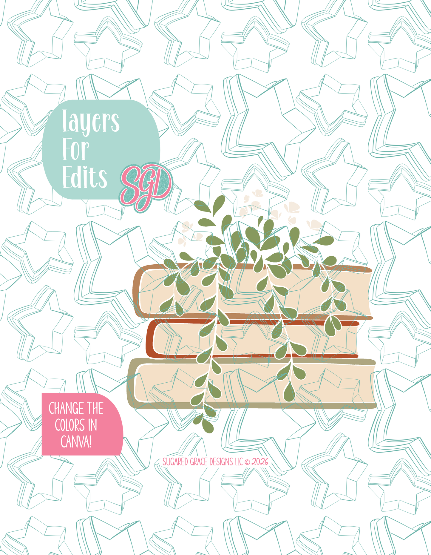 Colored layer breakdown of the floral book stack showing each section in a different color, with every color representing a separate editable layer in Canva. Displayed on a background watermarked with Sugared Grace Designs’ teal star pattern