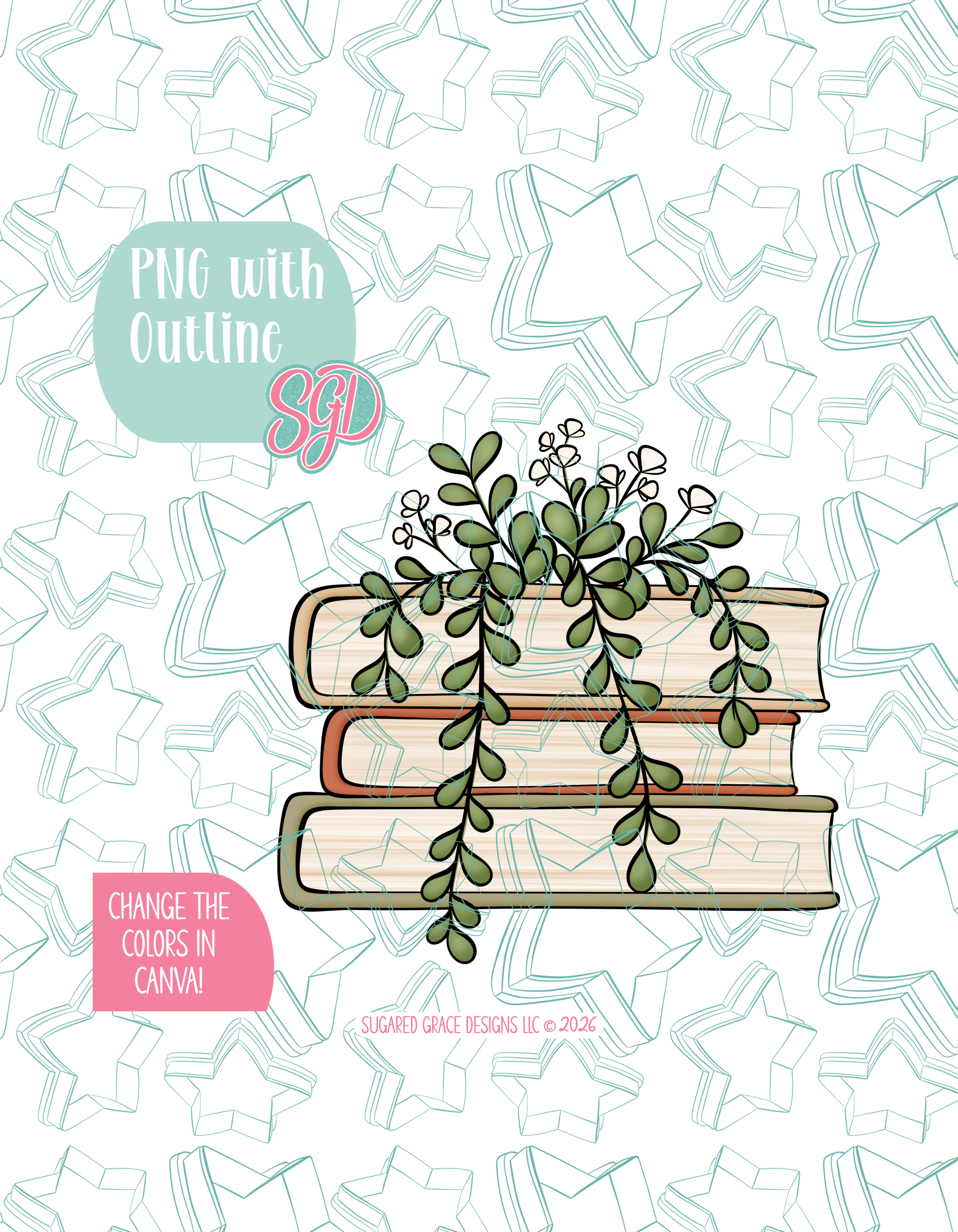 Full color illustrated floral book stack, shown with a black outline on a background watermarked with Sugared Grace Designs’ teal star pattern