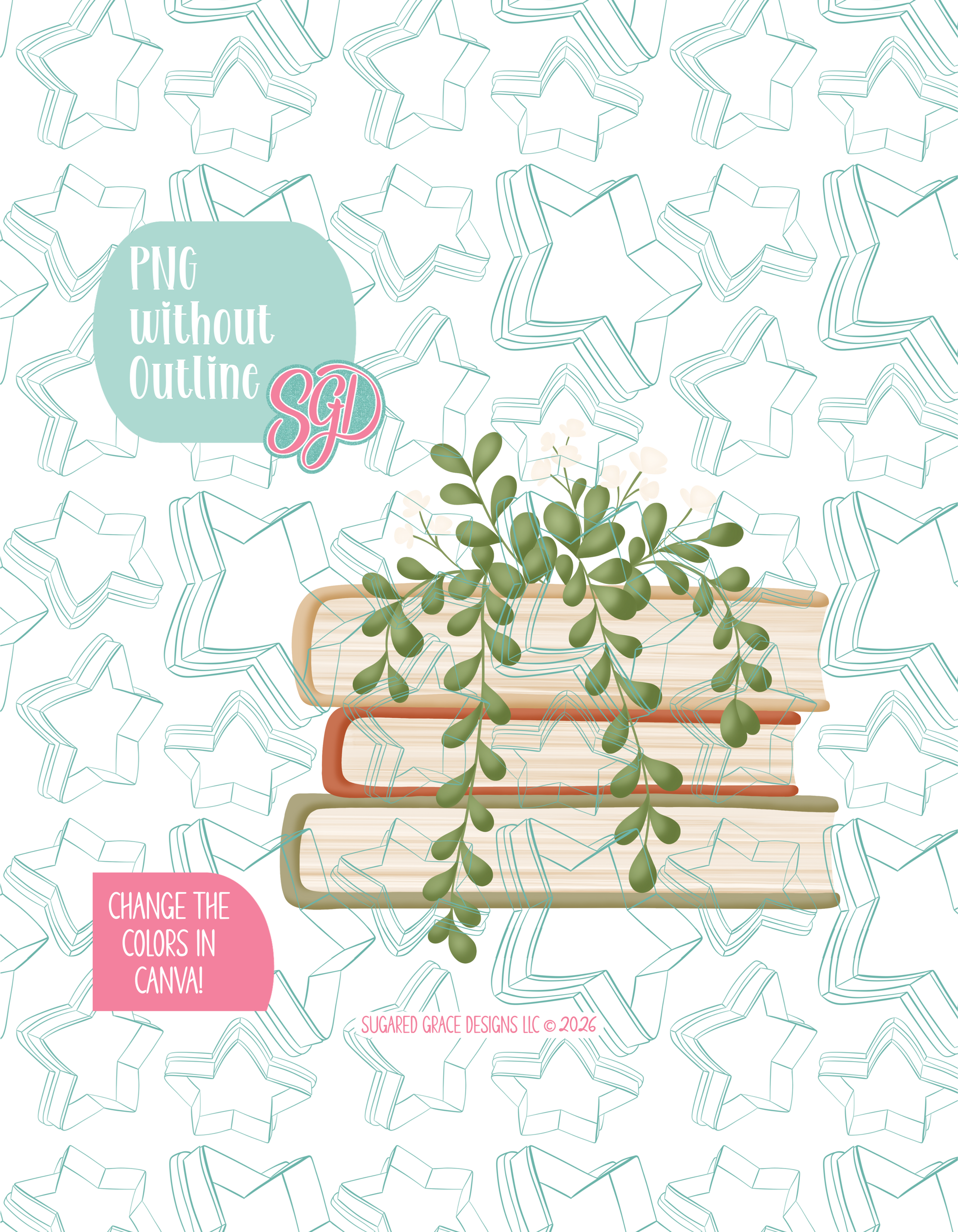 Full color version of the illustrated floral book stack, shown without black outlines on a background watermarked with Sugared Grace Designs’ tag star pattern