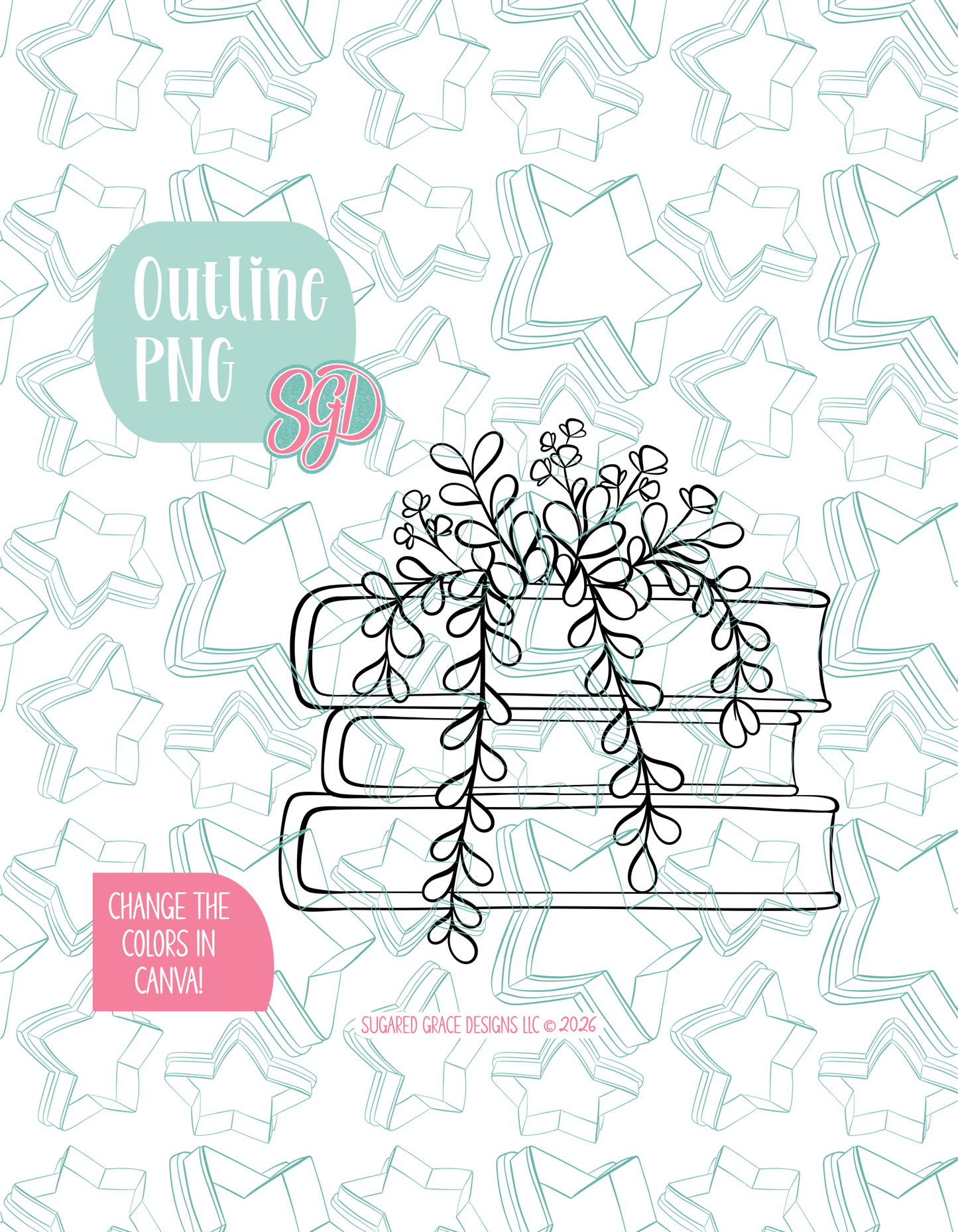 Black line outline drawing of the floral book stack, displayed on a background watermarked with Sugared Grace Designs’ teal star pattern
