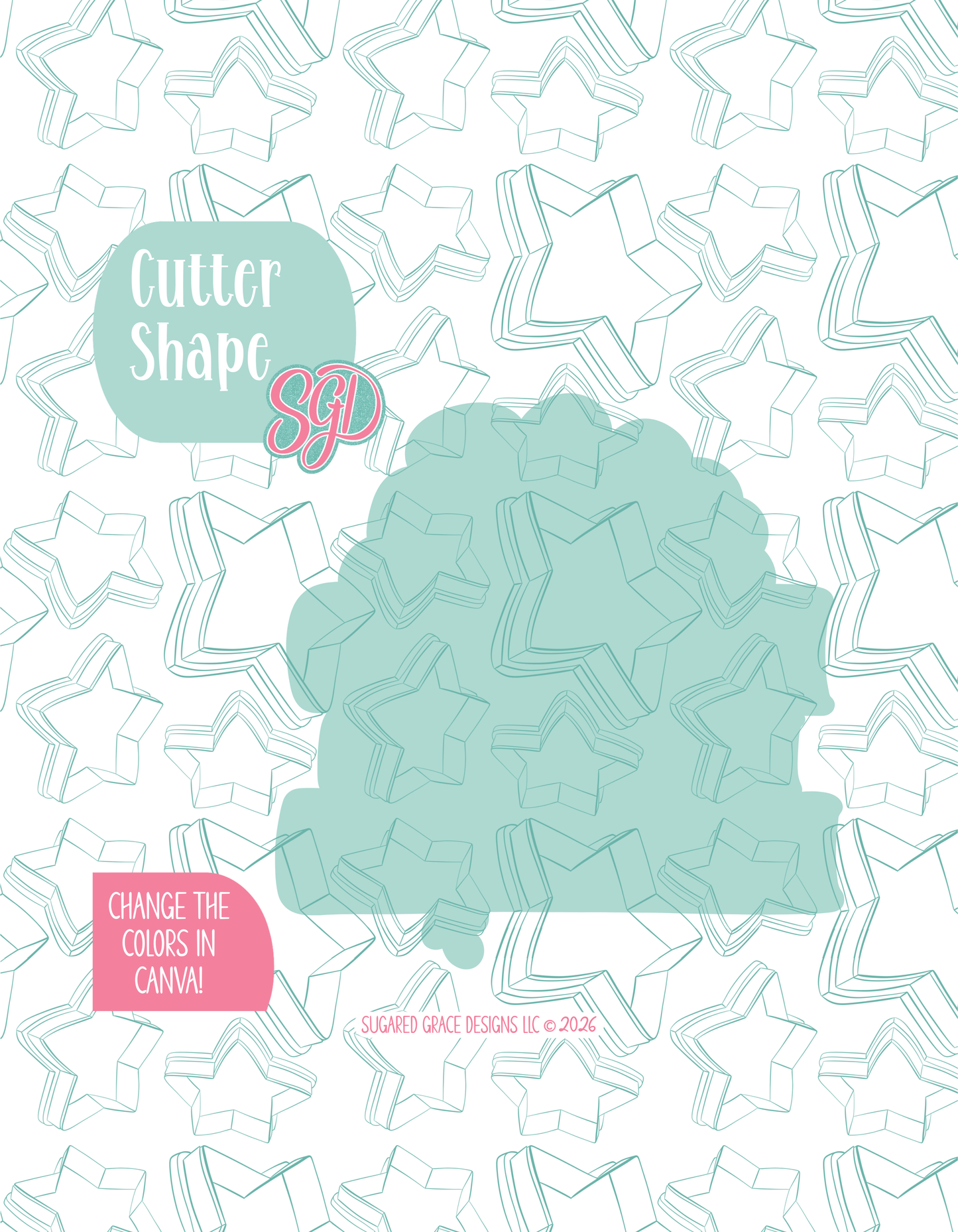 Solid teal silhouette showing the exact outer shape of the floral book stack cookie cutter, displayed on a background watermarked with Sugared Grace Design’s teal star pattern