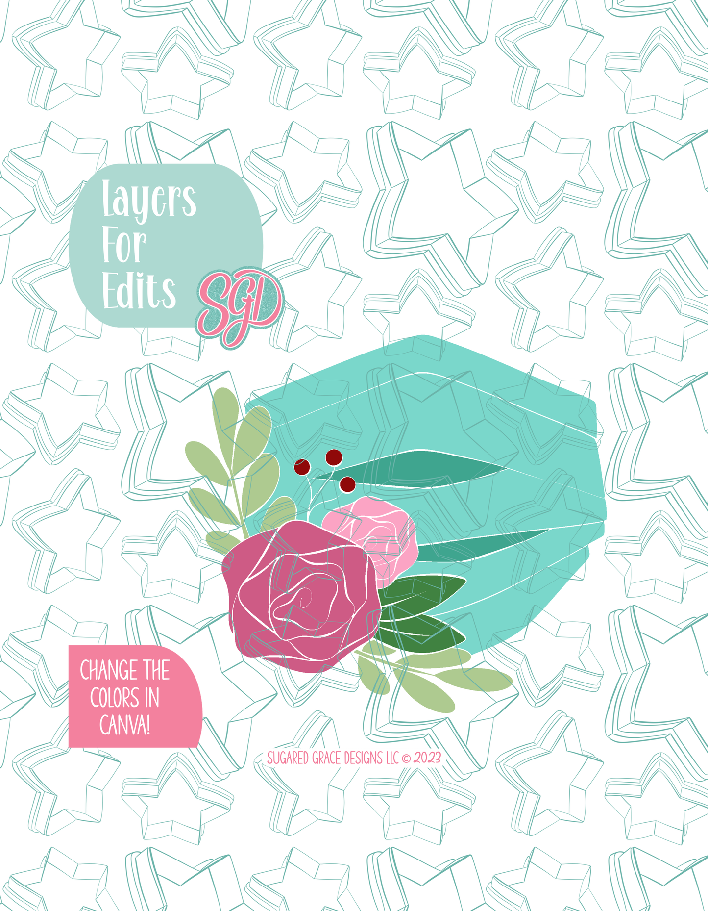 Colored layer breakdown of the floral mask showing each section in a different color, with every color representing a separate editable layer in Canva. Displayed on a background watermarked with Sugared Grace Designs’ teal star pattern
