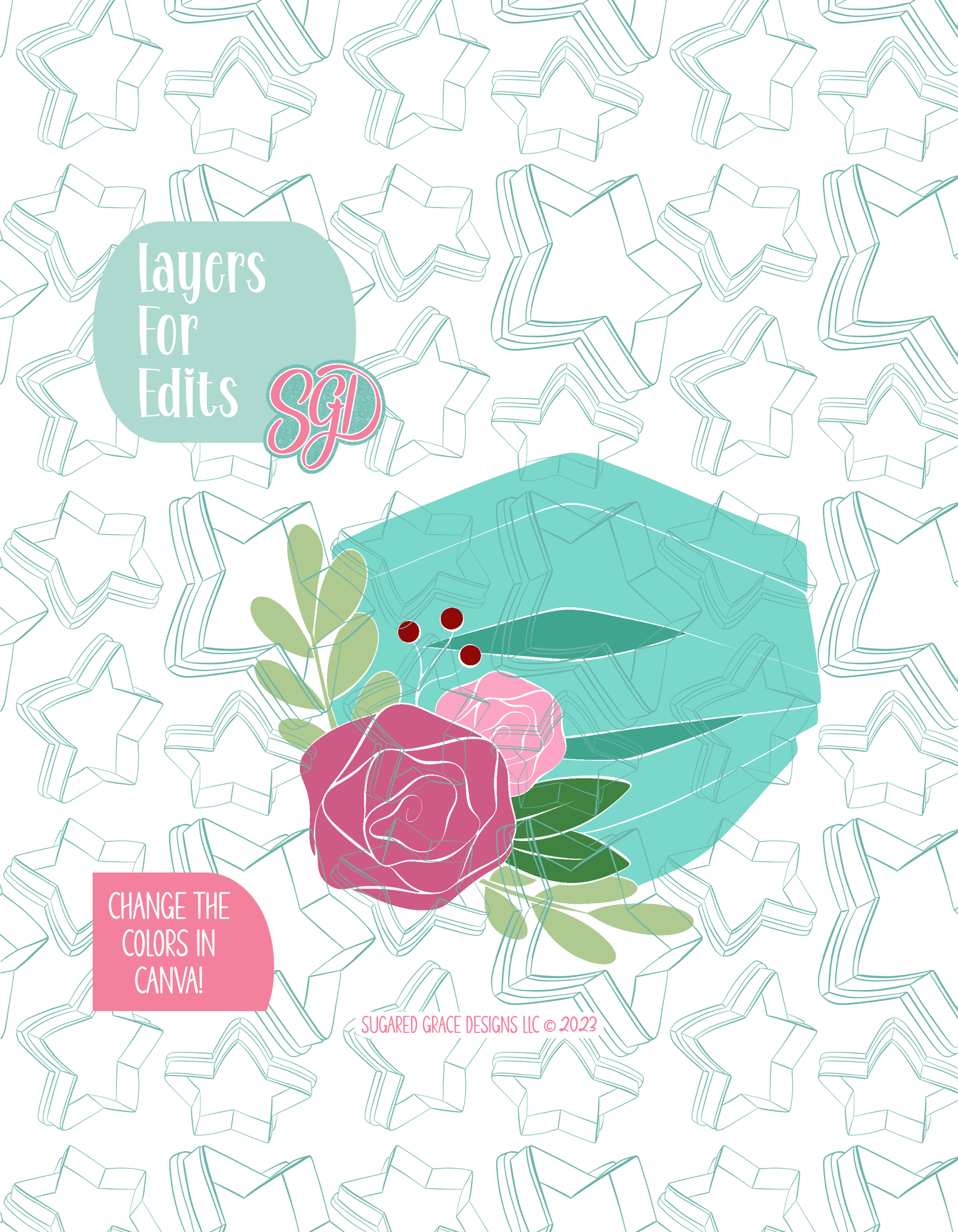 Colored layer breakdown of the floral mask showing each section in a different color, with every color representing a separate editable layer in Canva. Displayed on a background watermarked with Sugared Grace Designs’ teal star pattern