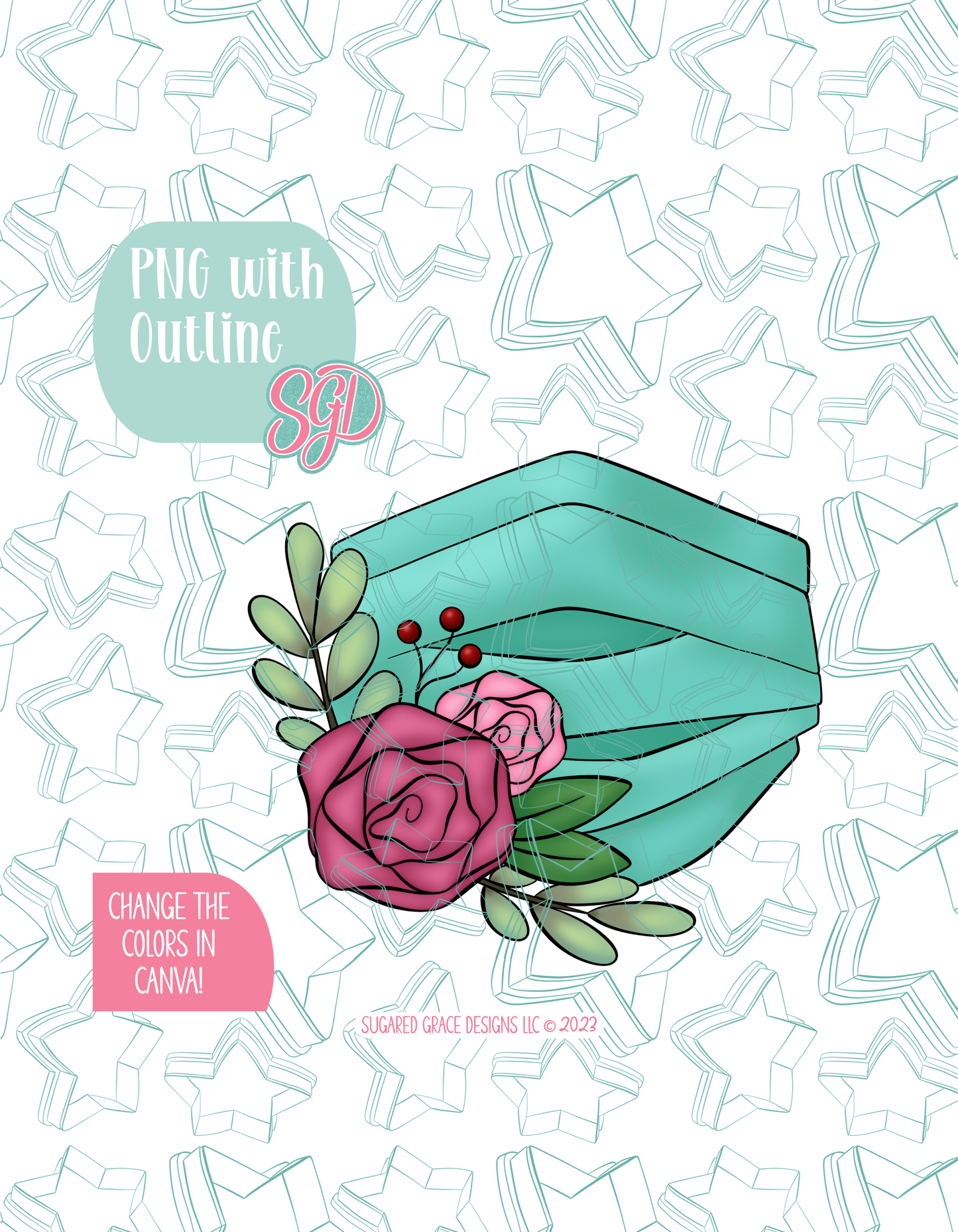 Full color illustrated floral mask, shown with a black outline on a background watermarked with Sugared Grace Designs’ teal star pattern