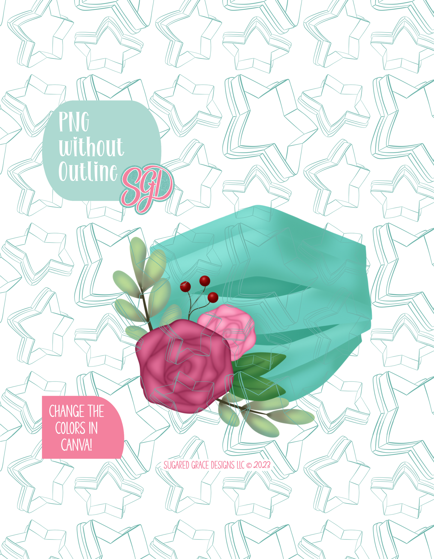 Full color version of the illustrated floral mask, shown without black outlines on a background watermarked with Sugared Grace Designs’ tag star pattern