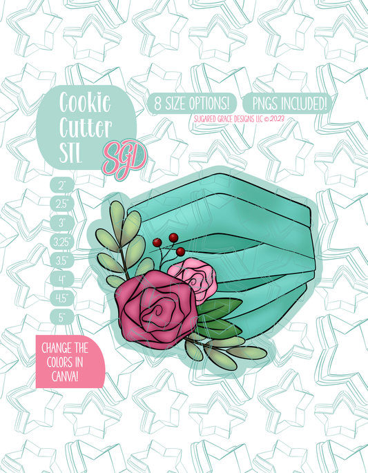 Illustrated Floral Nurse Mask, displayed on a background watermarked with a teal star pattern representing Sugared Grace Design’s brand. Text explains that the listing includes a floral mask STL cookie cutter in multiple sizes plus editable PNG files.
