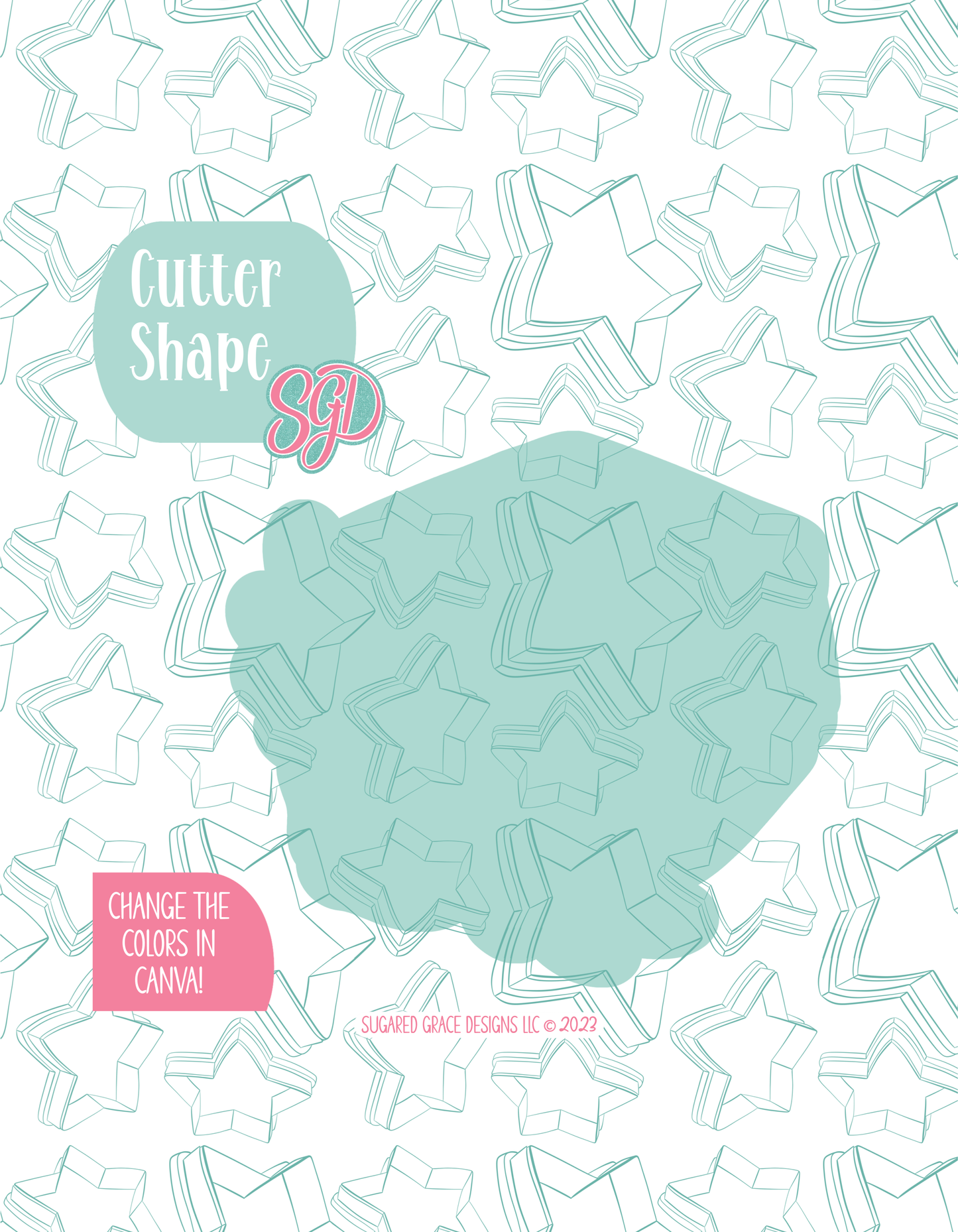 Solid teal silhouette showing the exact outer shape of the floral mask cookie cutter, displayed on a background watermarked with Sugared Grace Design’s teal star pattern