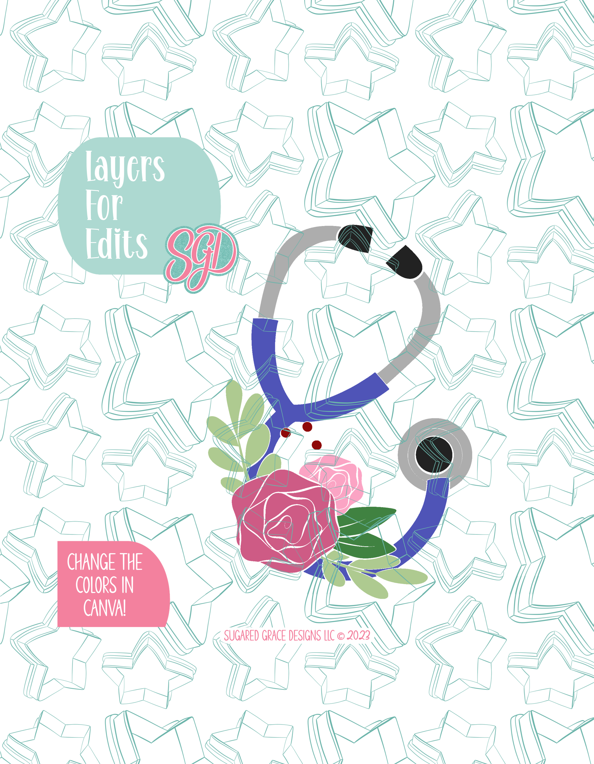 Colored layer breakdown of the floral stethoscope showing each section in a different color, with every color representing a separate editable layer in Canva. Displayed on a background watermarked with Sugared Grace Designs’ teal star pattern