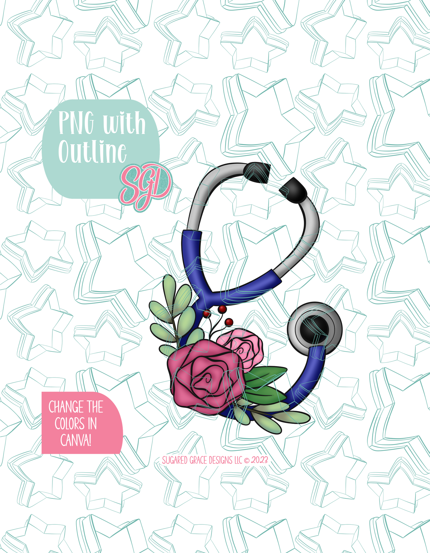 Full color illustrated floral stethoscope, shown with a black outline on a background watermarked with Sugared Grace Designs’ teal star pattern