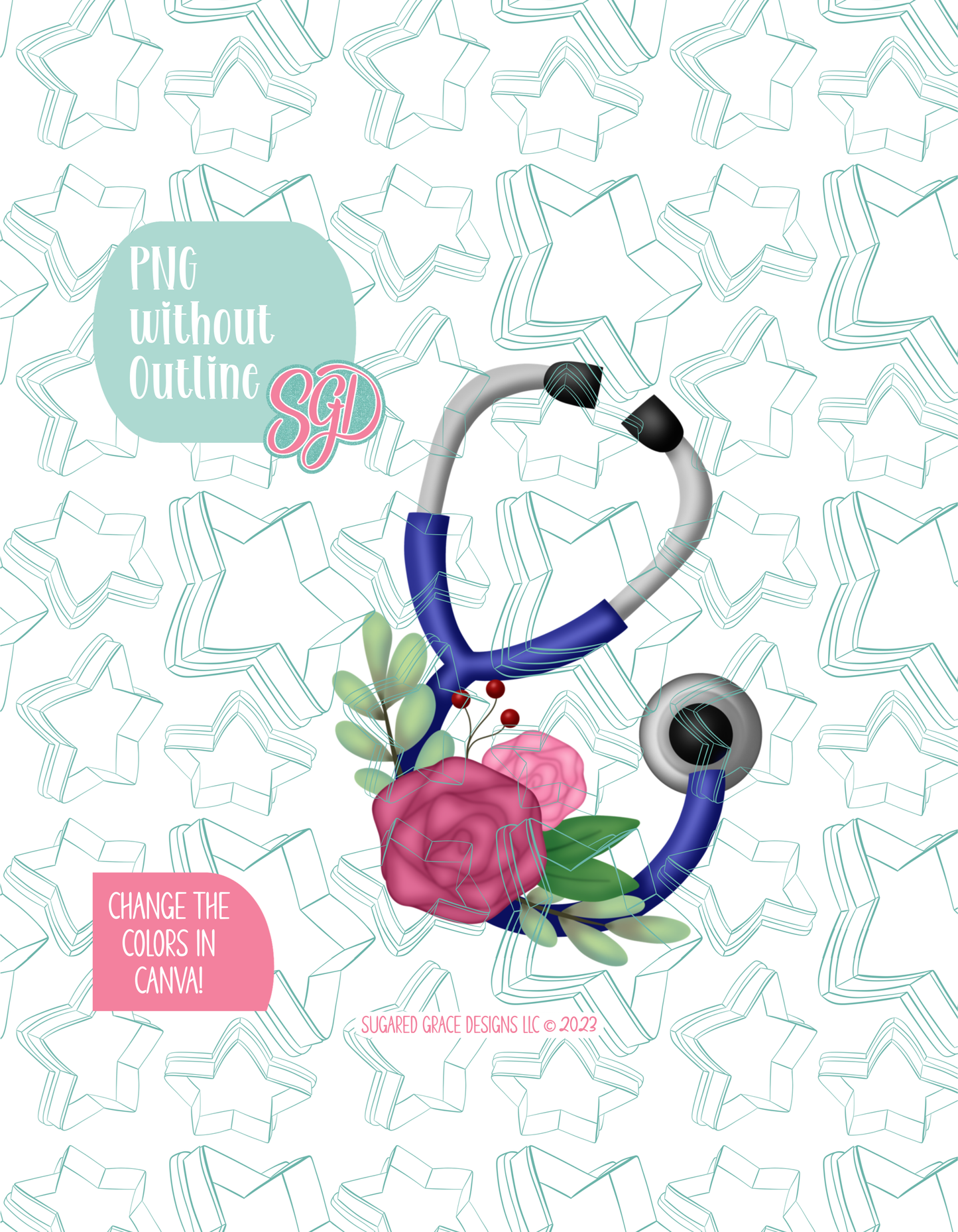 Full color version of the illustrated floral stethoscope, shown without black outlines on a background watermarked with Sugared Grace Designs’ tag star pattern