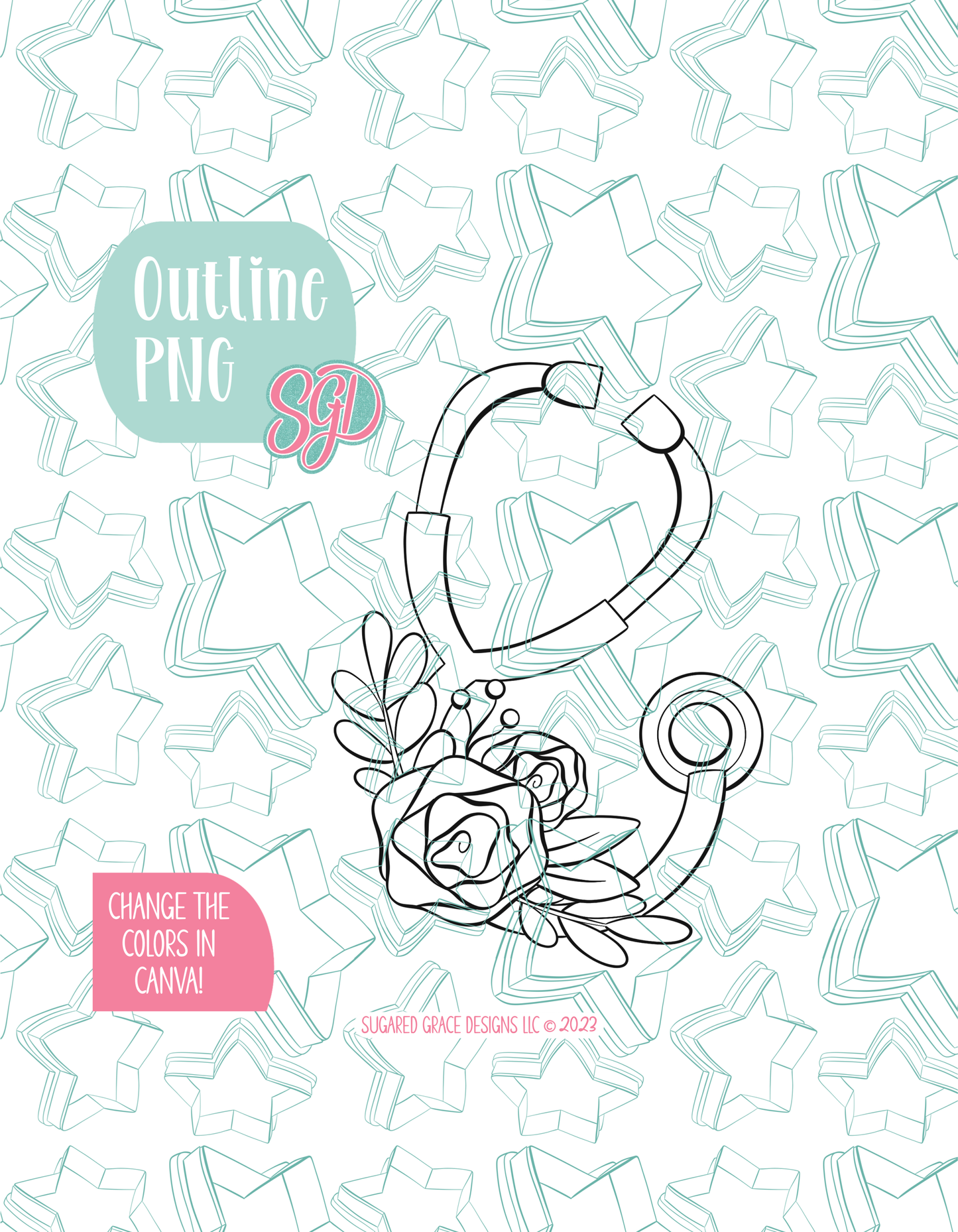 Black line outline drawing of the floral stethoscope, displayed on a background watermarked with Sugared Grace Designs’ teal star pattern