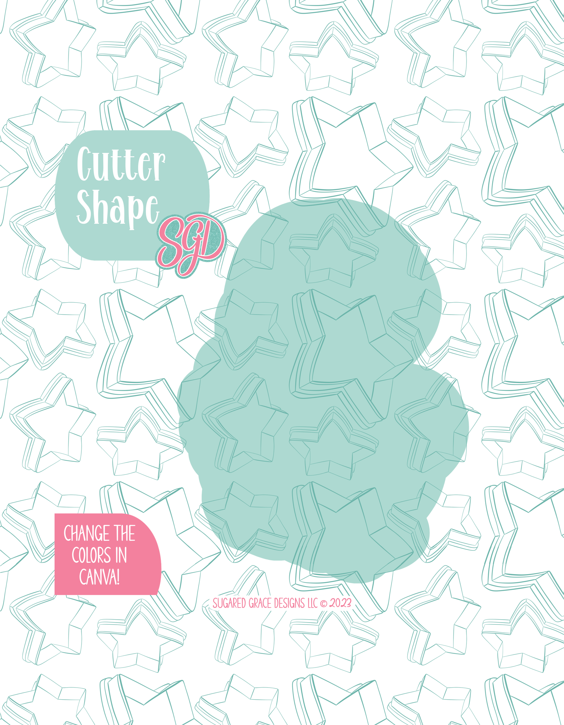 Solid teal silhouette showing the exact outer shape of the floral stethoscope cookie cutter, displayed on a background watermarked with Sugared Grace Design’s teal star pattern