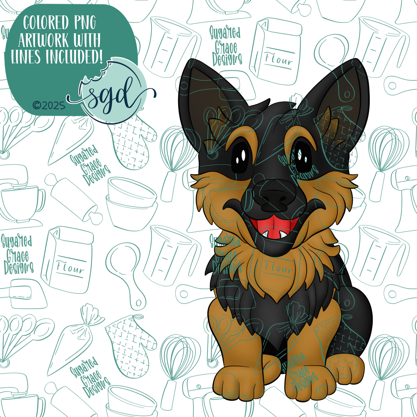 German Shepherd Dog Cookie Cutter with PNG Images to Match - Hand Drawn Graphics for Edible Ink Printers