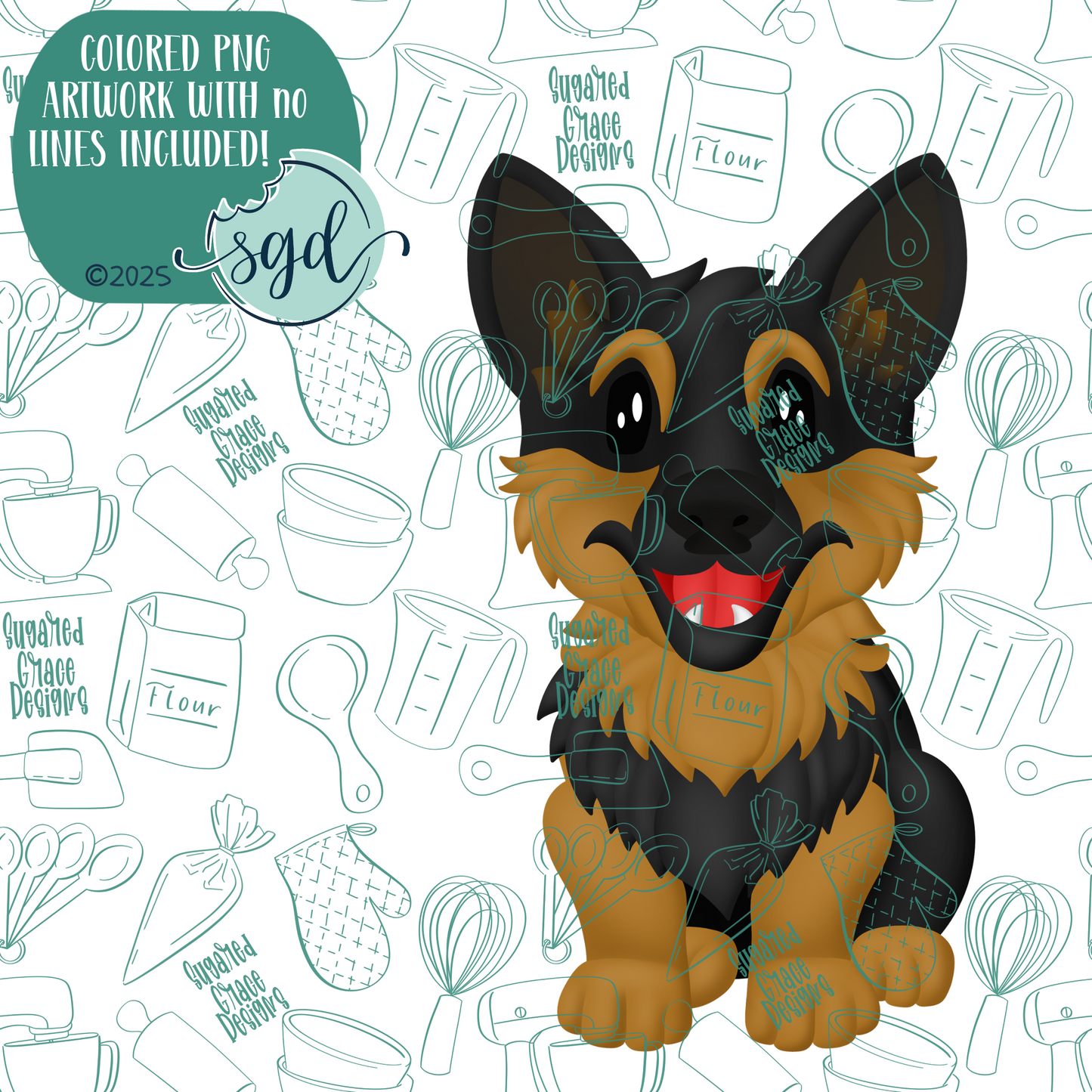 German Shepherd Dog Cookie Cutter with PNG Images to Match - Hand Drawn Graphics for Edible Ink Printers