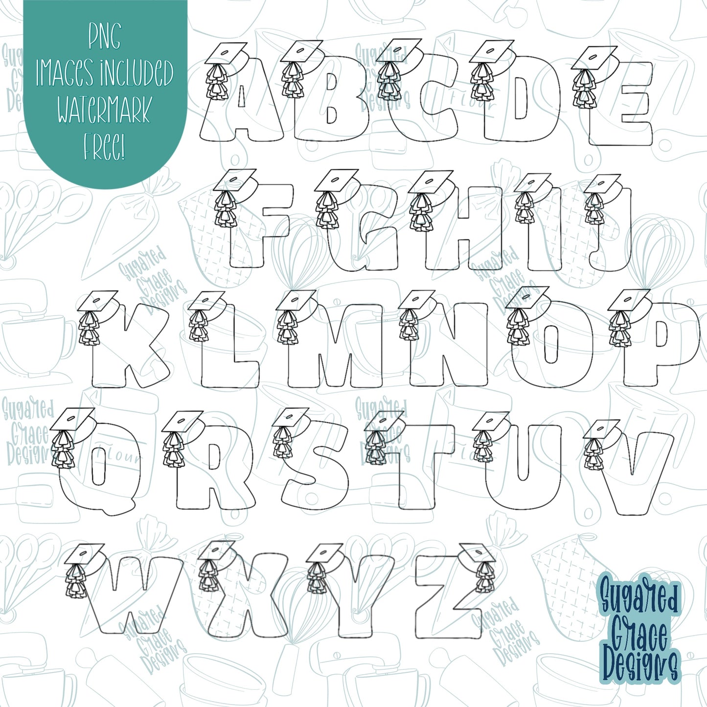 Graduation Alphabet Cookie Cutter with Matching PNG Images for Edible Ink Printers Including Eddie