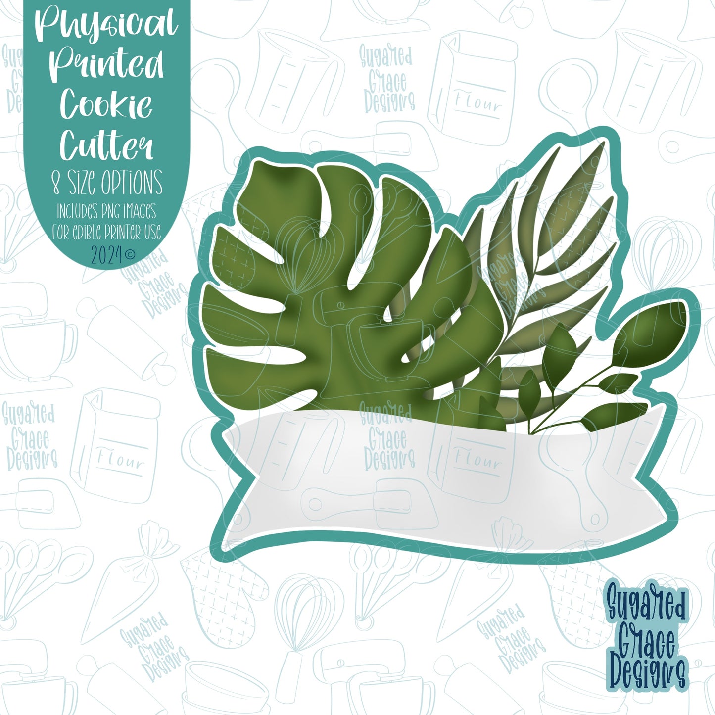Monstera Leaf Greenery Banner Cookie Cutter with matching PNG Images for Edible Ink Printers Including Eddie