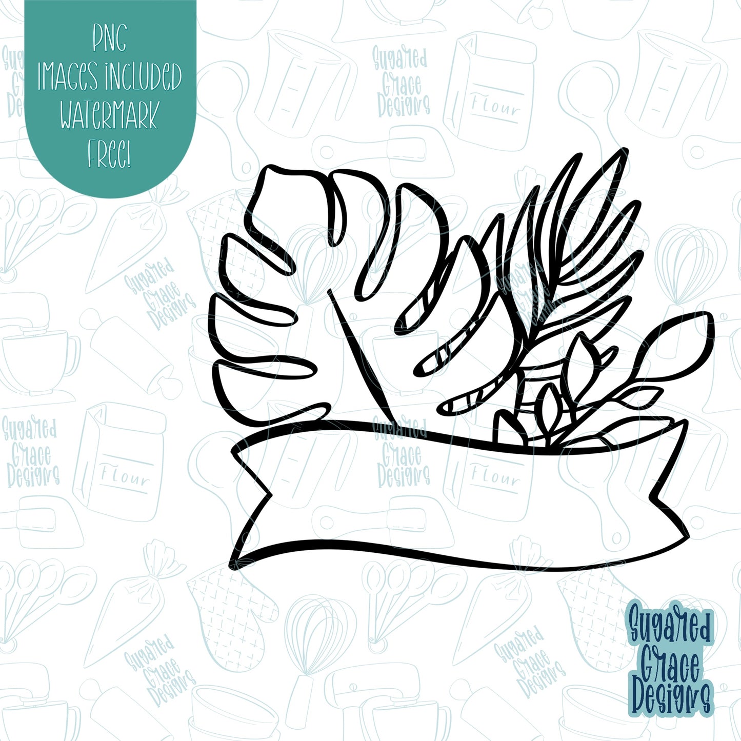 Monstera Leaf Greenery Banner Cookie Cutter with matching PNG Images for Edible Ink Printers Including Eddie