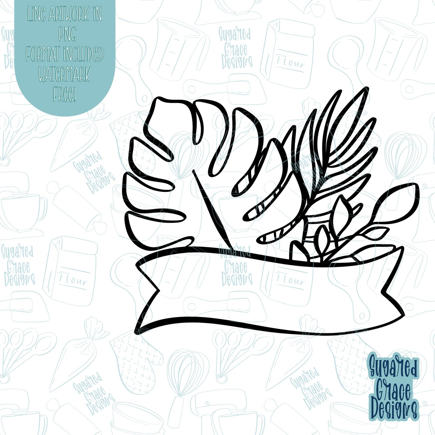 Monstera Leaf Greenery Banner Cookie Cutter STL File for 3D Printing with Matching Printable PNG Images