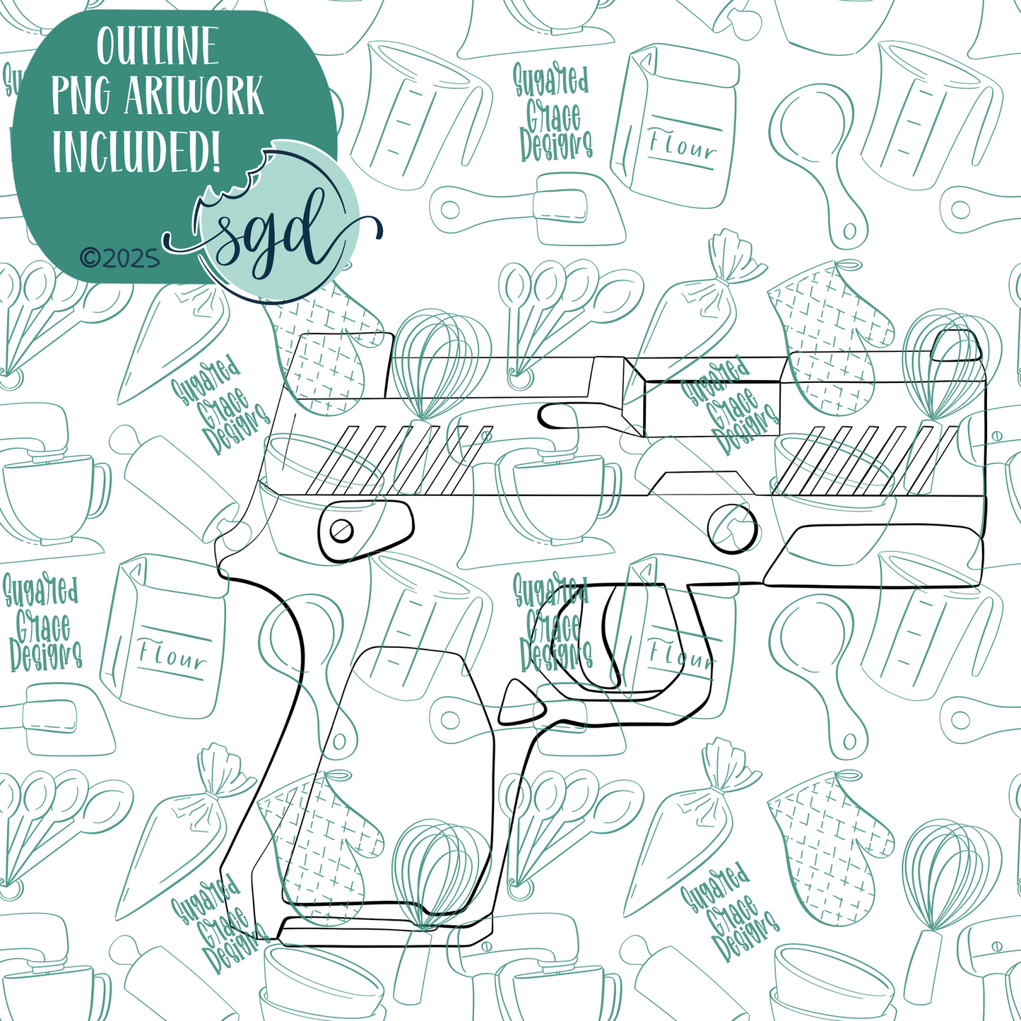 Hand Gun Cookie Cutter with PNG Images to Match - Hand Drawn Graphics for Edible Ink Printers