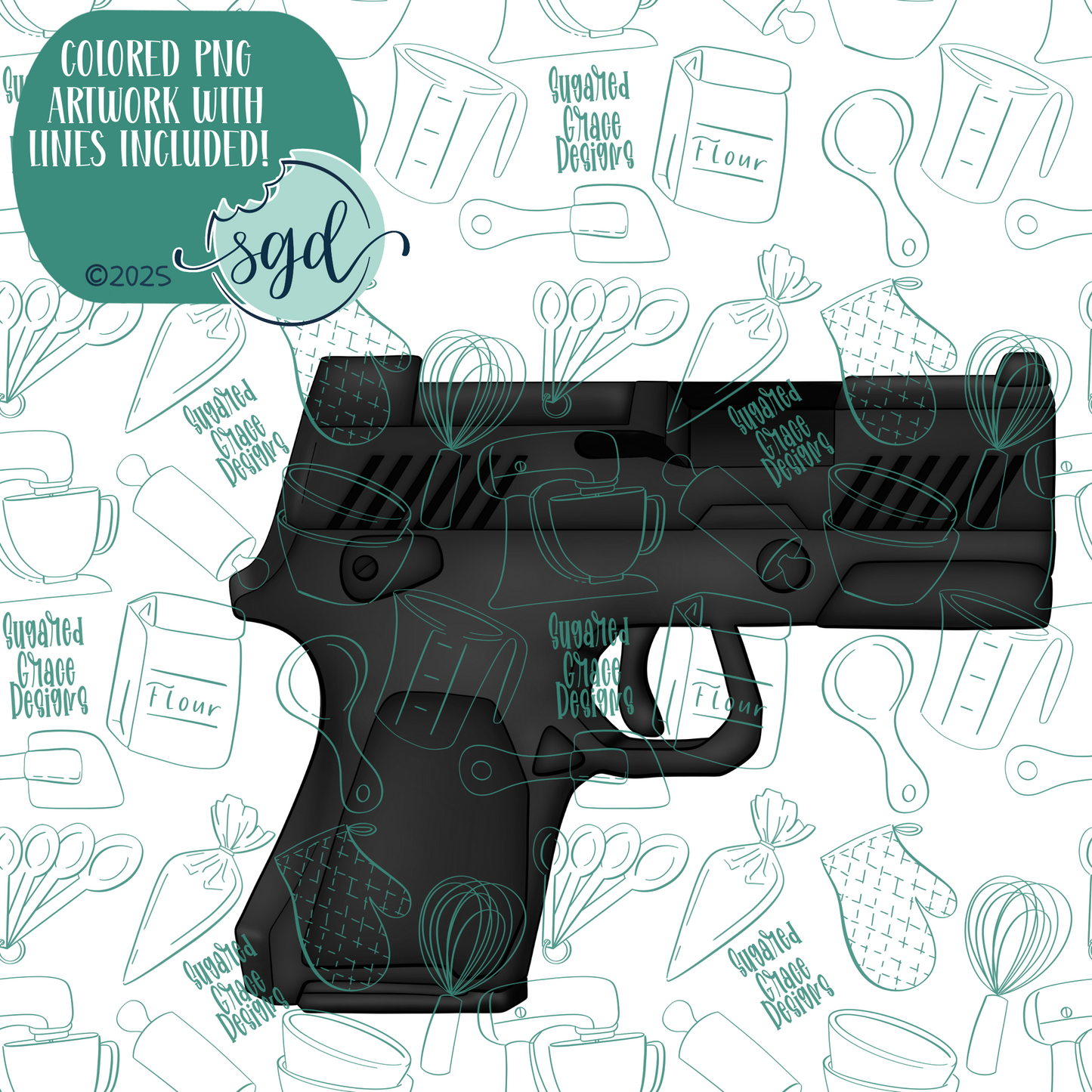 Hand Gun Cookie Cutter with PNG Images to Match - Hand Drawn Graphics for Edible Ink Printers