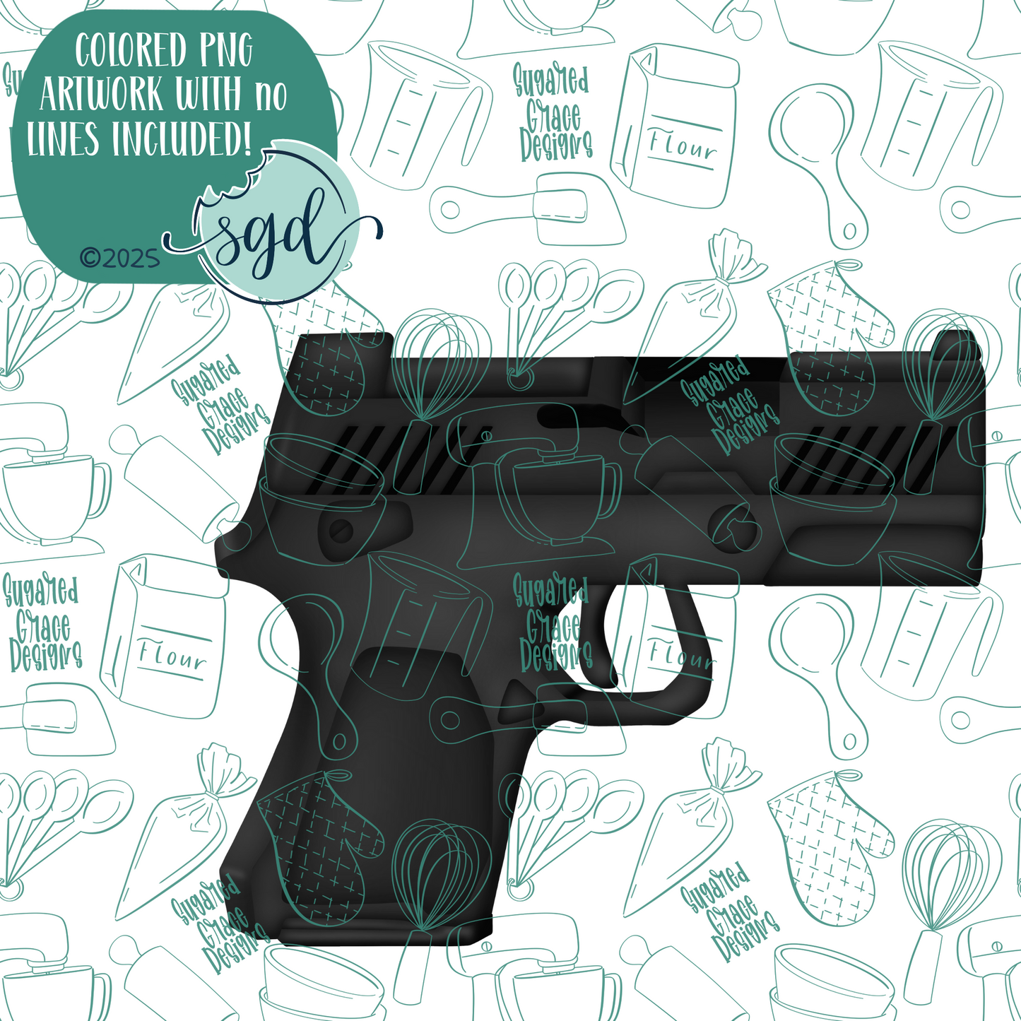 Hand Gun Cookie Cutter with PNG Images to Match - Hand Drawn Graphics for Edible Ink Printers
