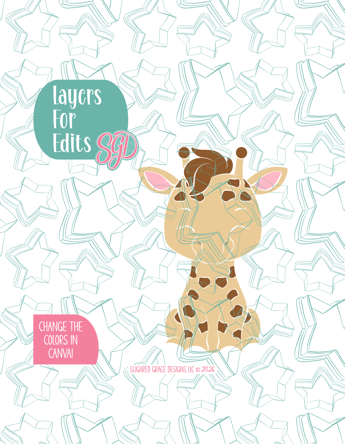 Colored layer breakdown of the giraffe showing each section in a different color, with every color representing a separate editable layer in Canva. Displayed on a background watermarked with Sugared Grace Designs’ teal star pattern