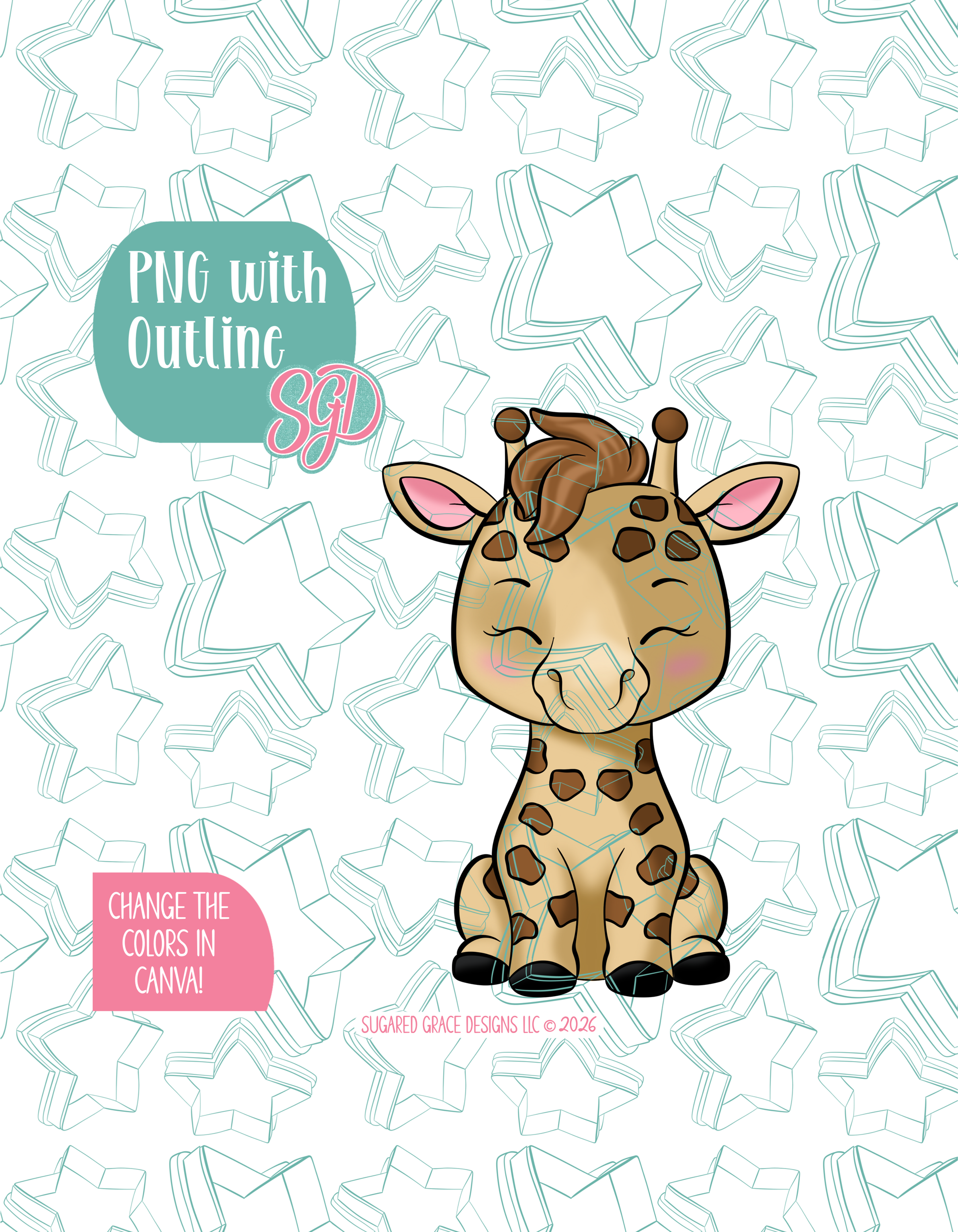 Full color illustrated giraffe, shown with a black outline on a background watermarked with Sugared Grace Designs’ teal star pattern