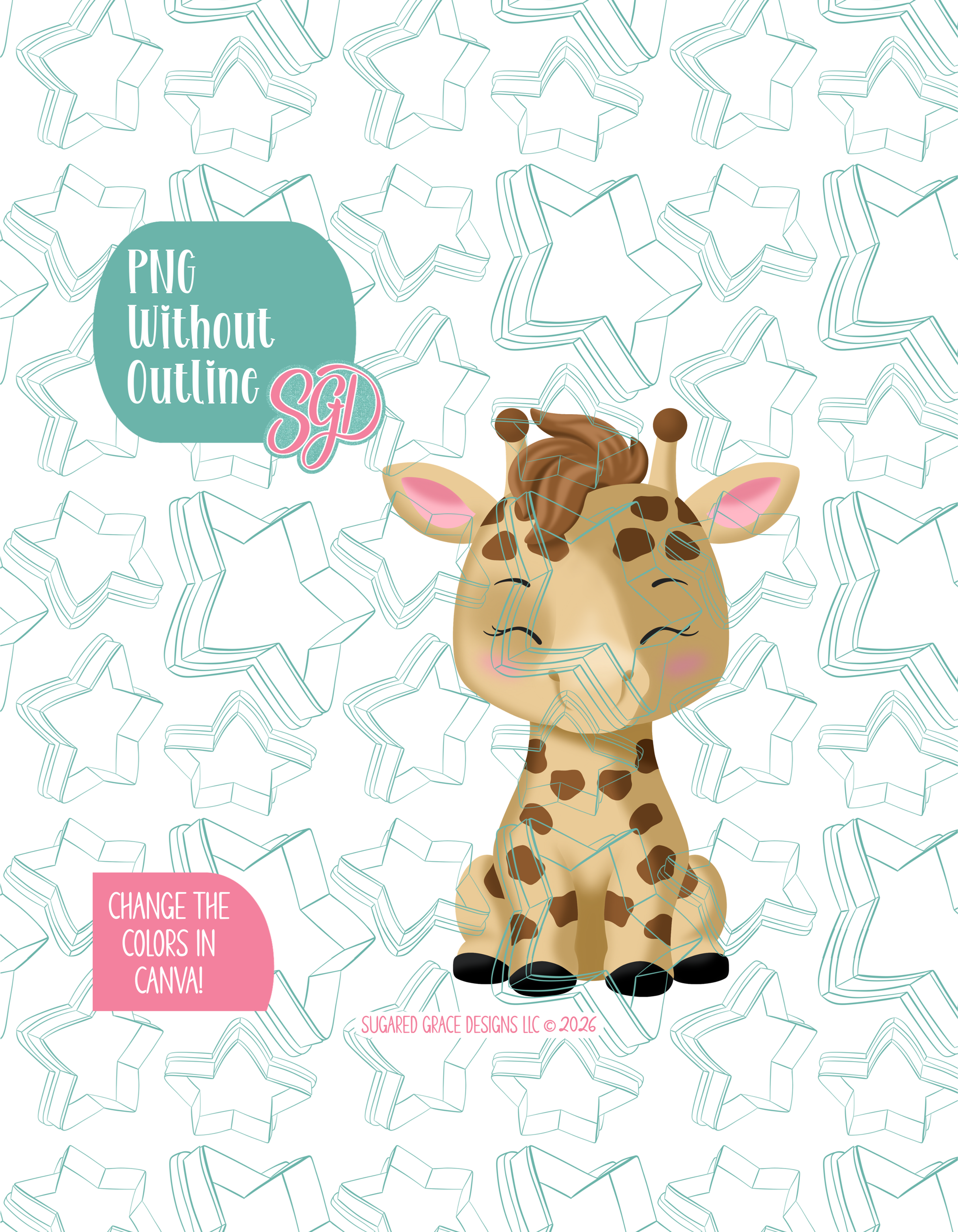 Full color version of the illustrated giraffe, shown without black outlines on a background watermarked with Sugared Grace Designs’ tag star pattern