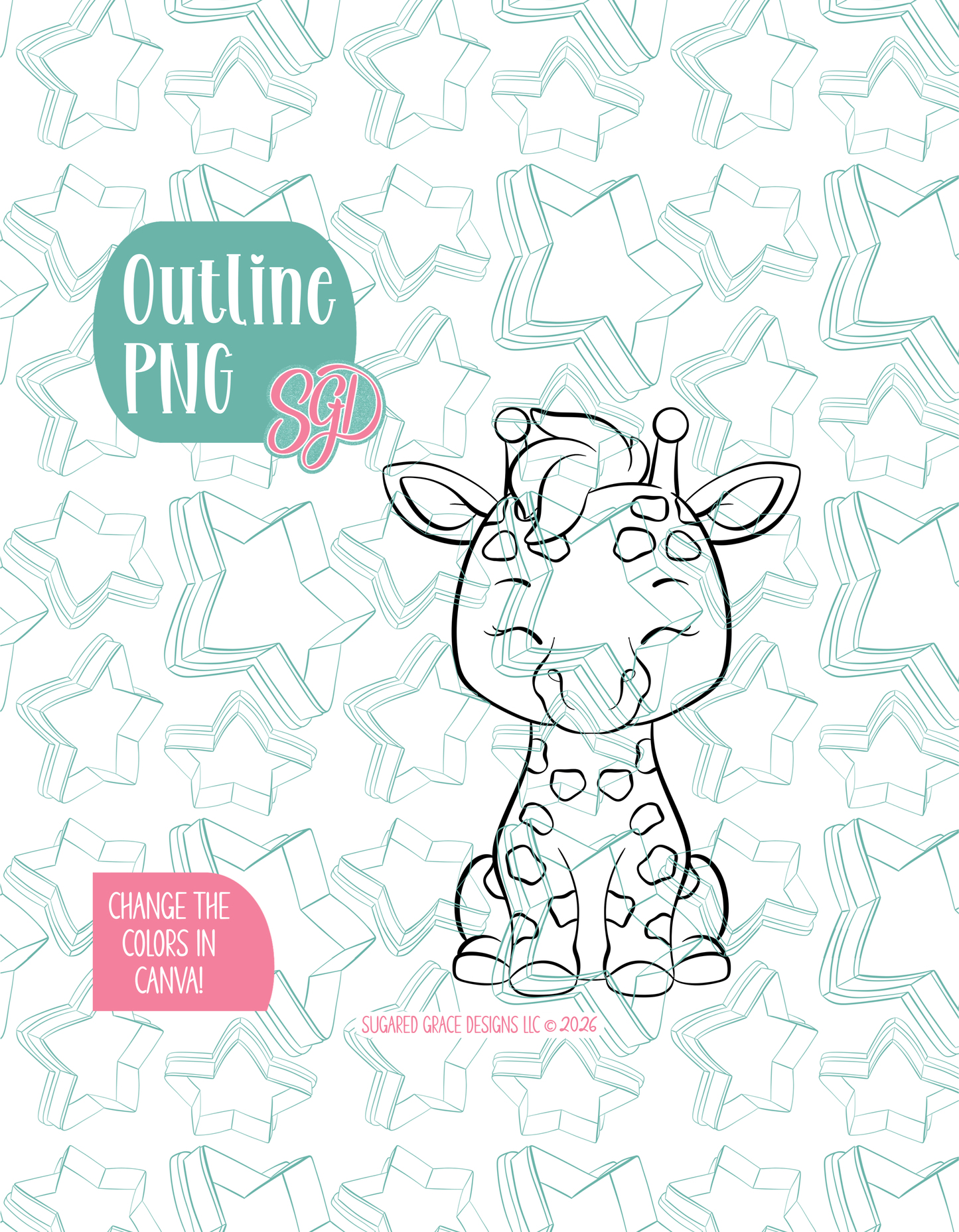 Black line outline drawing of the giraffe, displayed on a background watermarked with Sugared Grace Designs’ teal star pattern