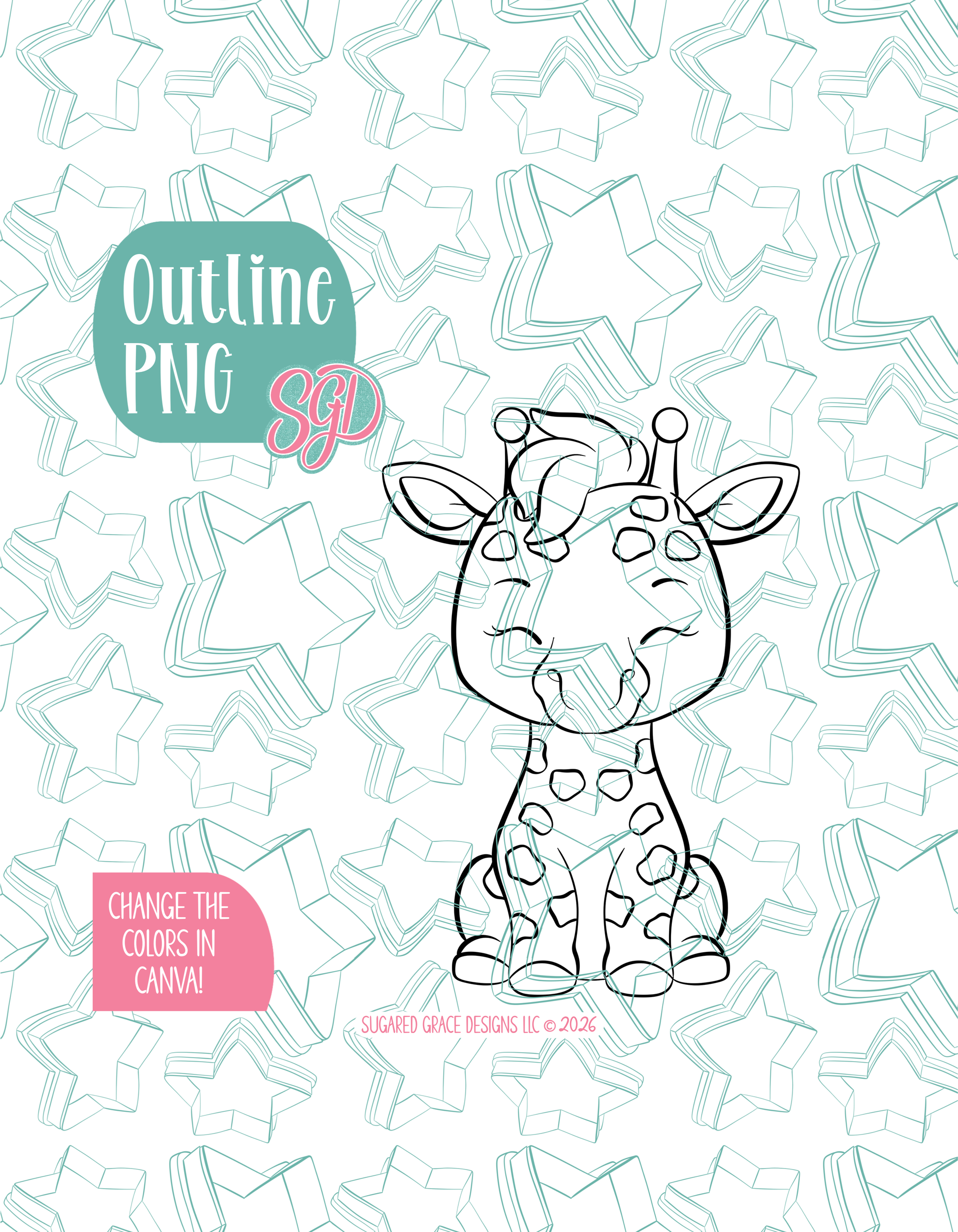 Black line outline drawing of the giraffe, displayed on a background watermarked with Sugared Grace Designs’ teal star pattern