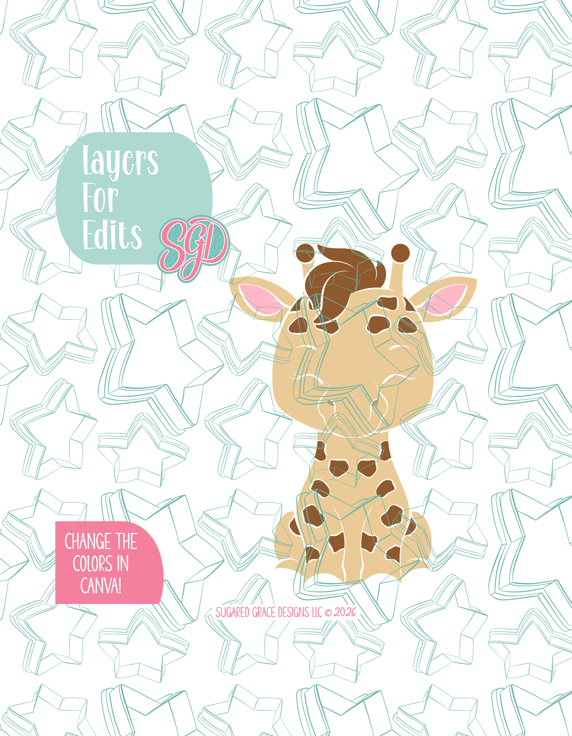 Colored layer breakdown of the giraffe showing each section in a different color, with every color representing a separate editable layer in Canva. Displayed on a background watermarked with Sugared Grace Designs’ teal star pattern