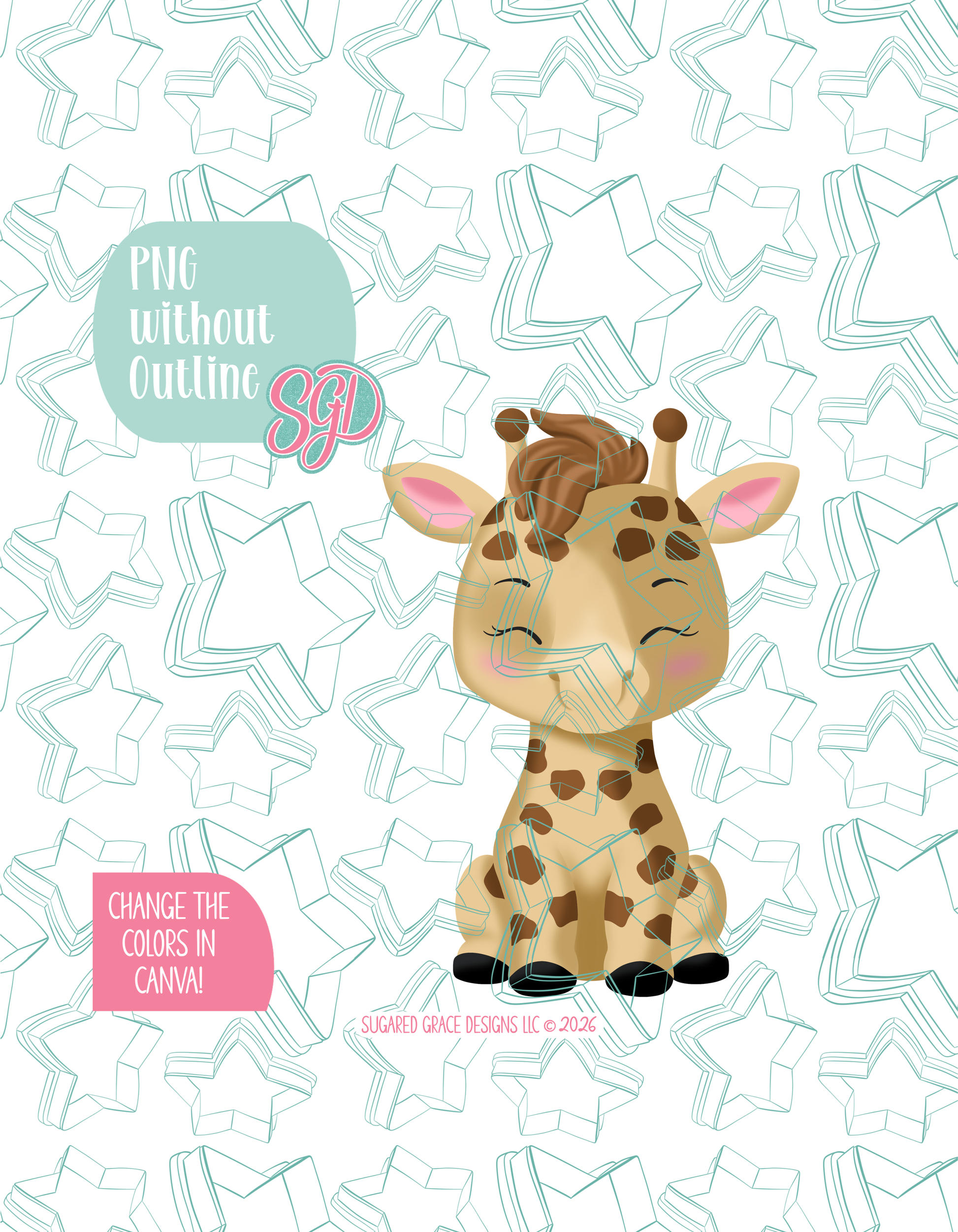 Full color version of the illustrated giraffe, shown without black outlines on a background watermarked with Sugared Grace Designs’ tag star pattern