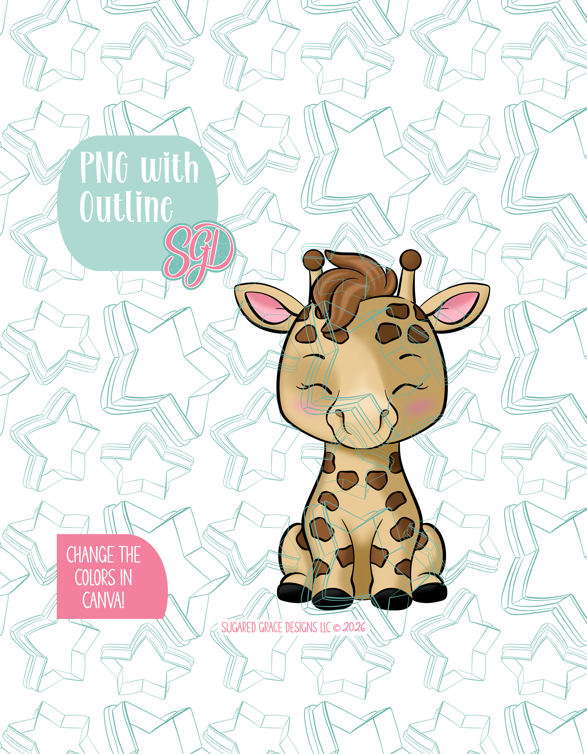 Full color illustrated giraffe, shown with a black outline on a background watermarked with Sugared Grace Designs’ teal star pattern