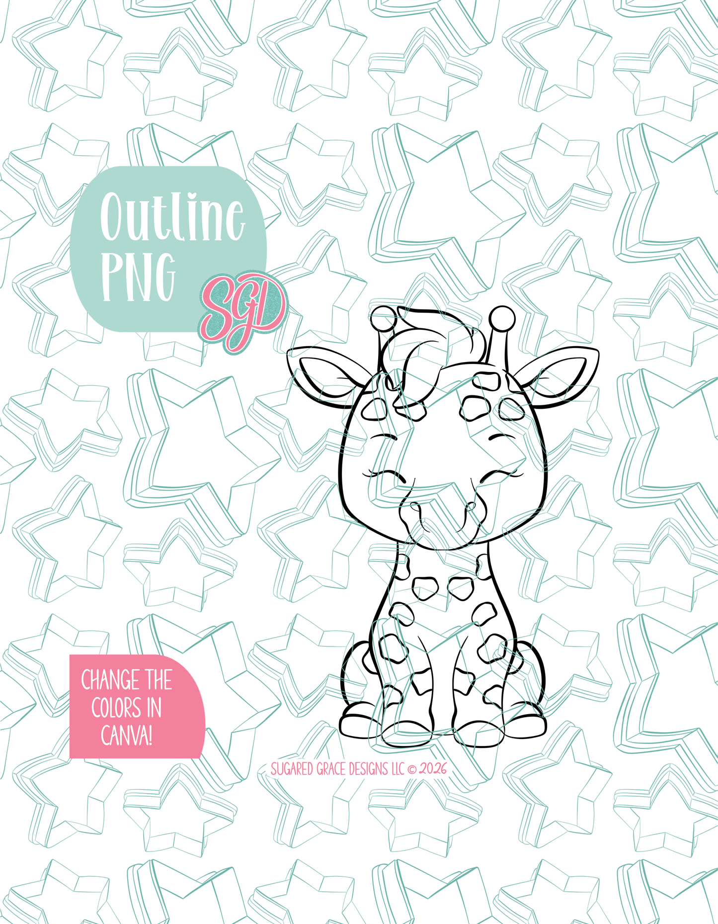 Black line outline drawing of the giraffe, displayed on a background watermarked with Sugared Grace Designs’ teal star pattern