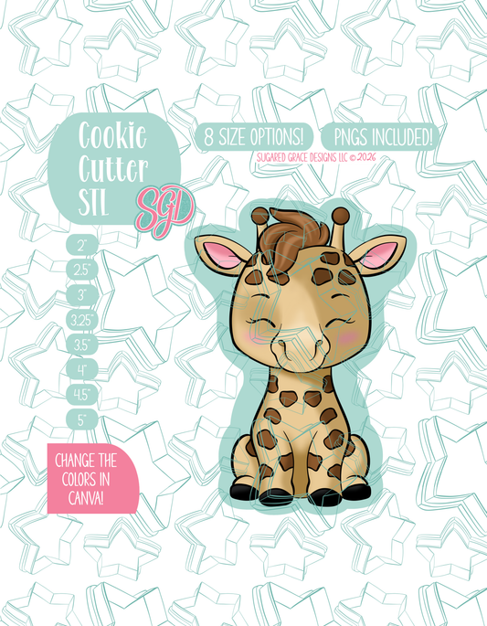 Illustrated giraffe, displayed on a background watermarked with a teal star pattern representing Sugared Grace Design’s brand. Text explains that the listing includes a giraffe STL cookie cutter in multiple sizes plus editable PNG files.