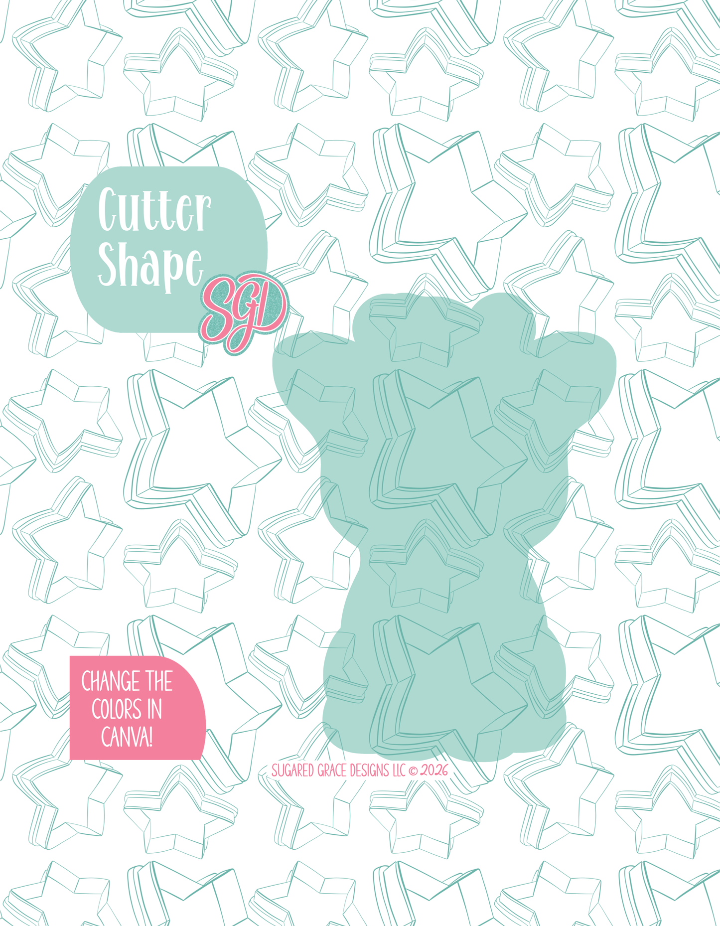 Solid teal silhouette showing the exact outer shape of the giraffe cookie cutter, displayed on a background watermarked with Sugared Grace Design’s teal star pattern