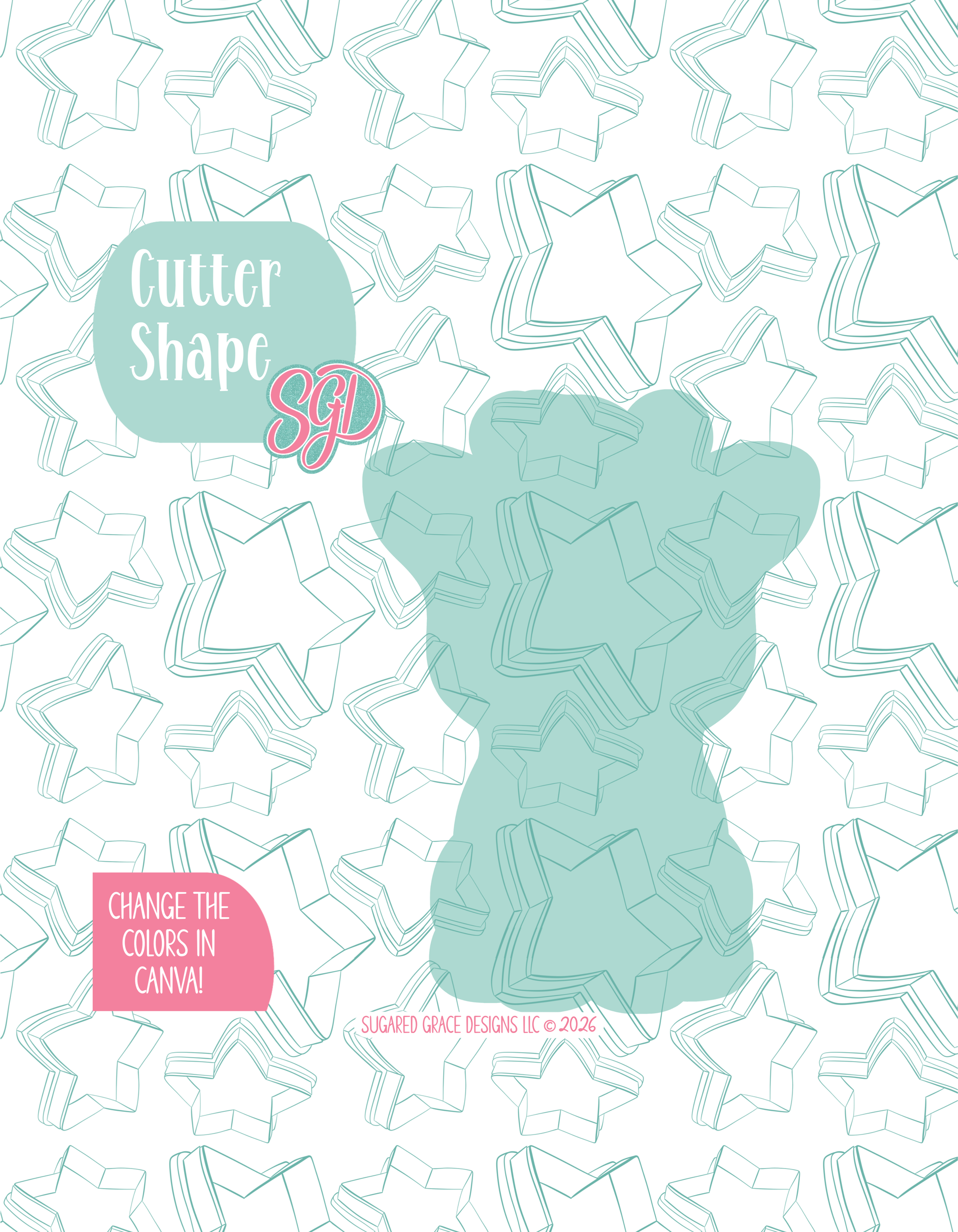 Solid teal silhouette showing the exact outer shape of the giraffe cookie cutter, displayed on a background watermarked with Sugared Grace Design’s teal star pattern