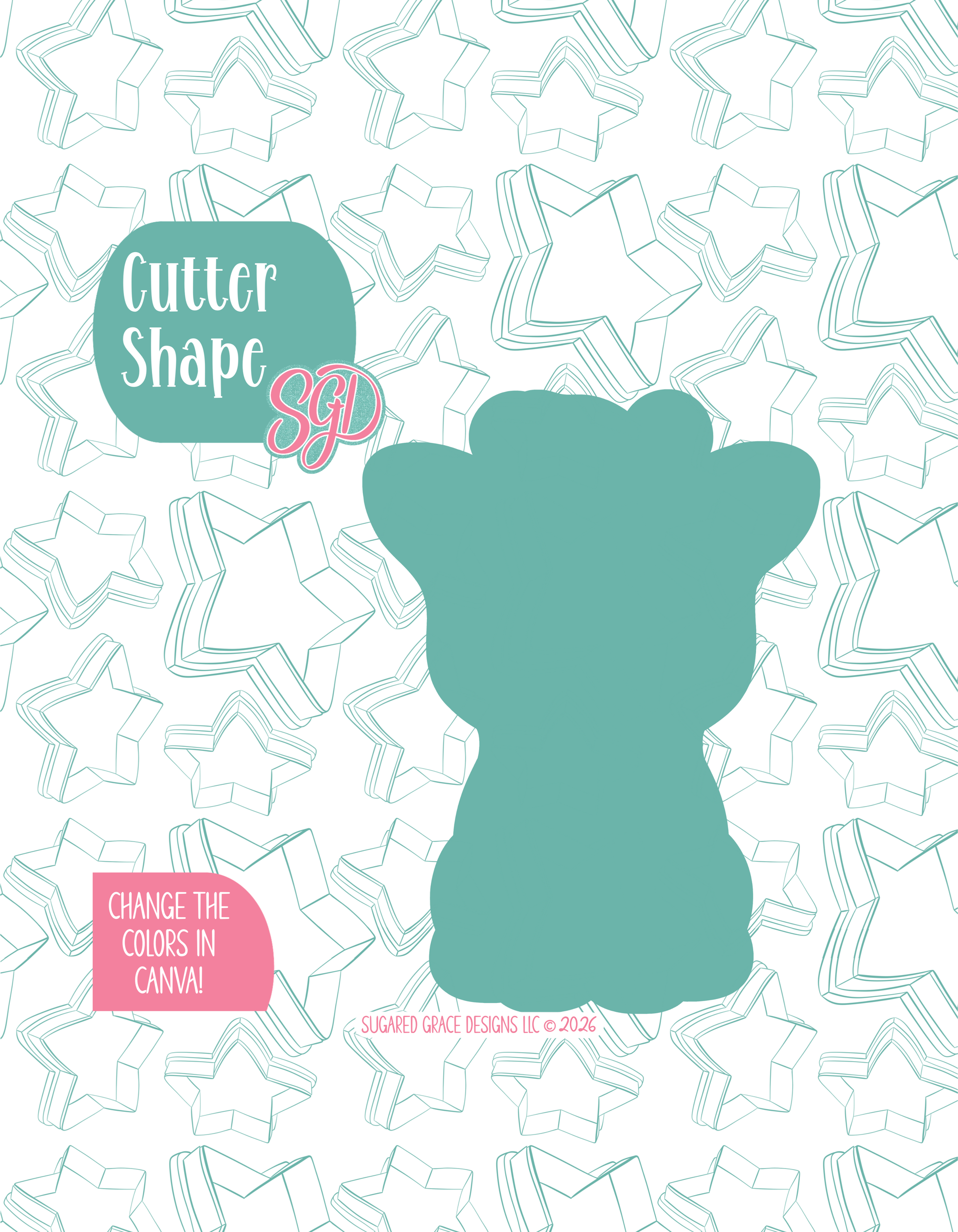 Solid teal silhouette showing the exact outer shape of the giraffe cookie cutter, displayed on a background watermarked with Sugared Grace Design’s teal star pattern