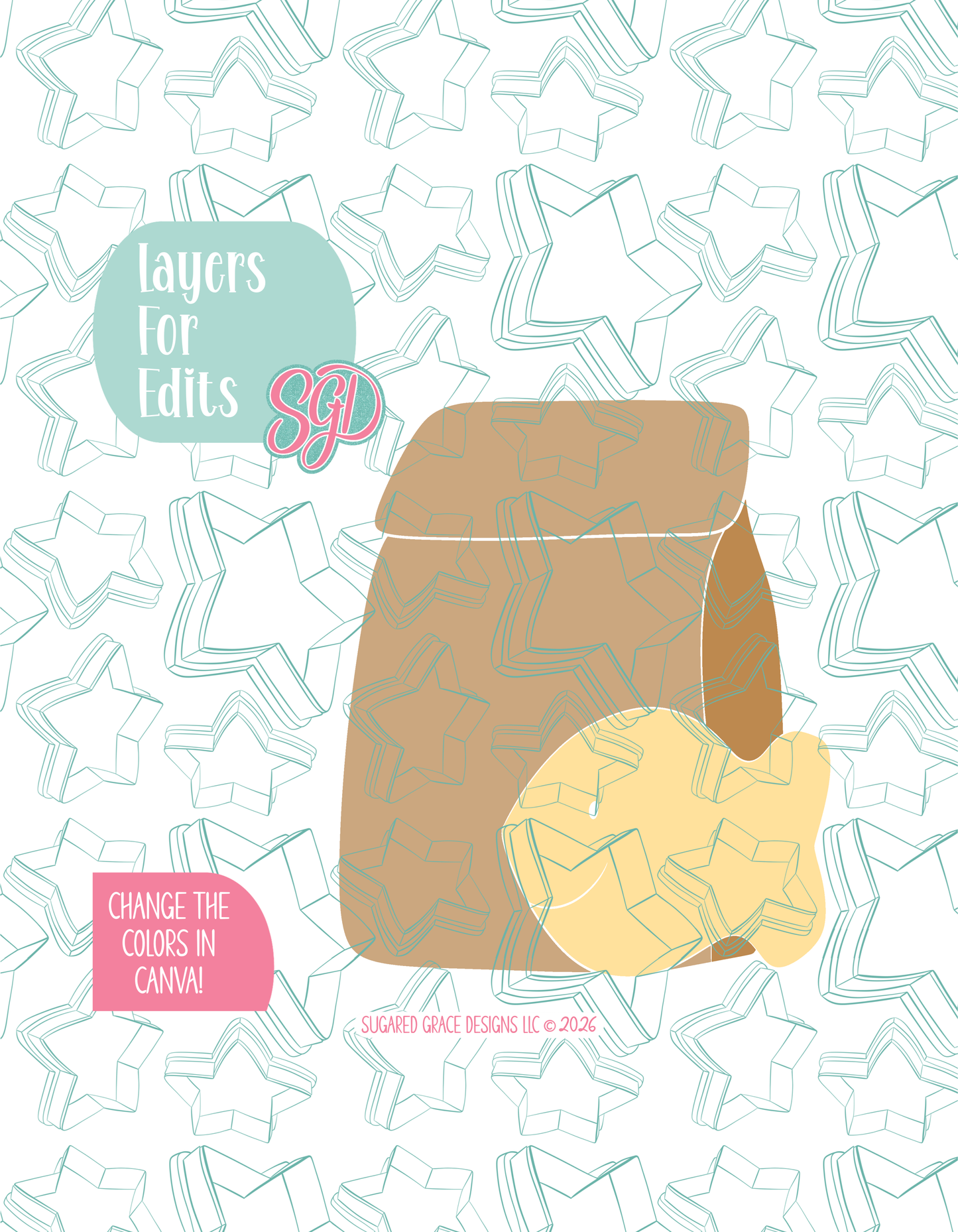 Colored layer breakdown of the Goldfish Lunch showing each section in a different color, with every color representing a separate editable layer in Canva. Displayed on a background watermarked with Sugared Grace Designs’ teal star pattern