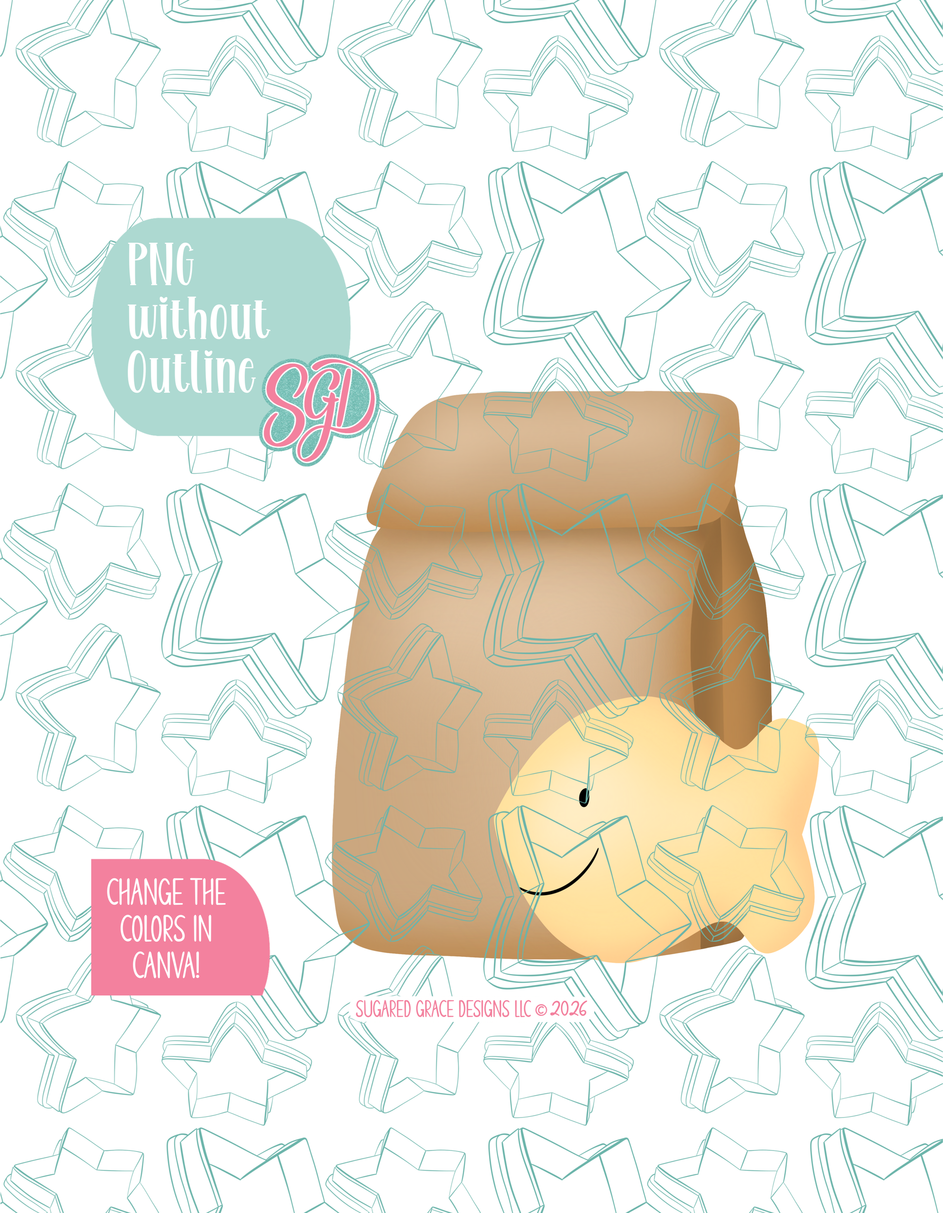 Full color version of the illustrated Goldfish Lunch, shown without black outlines on a background watermarked with Sugared Grace Designs’ tag star pattern