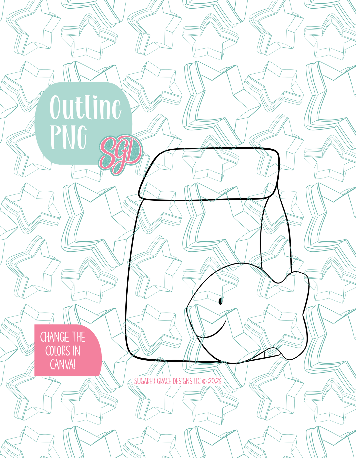 Black line outline drawing of the Goldfish Lunch displayed on a background watermarked with Sugared Grace Designs’ teal star pattern