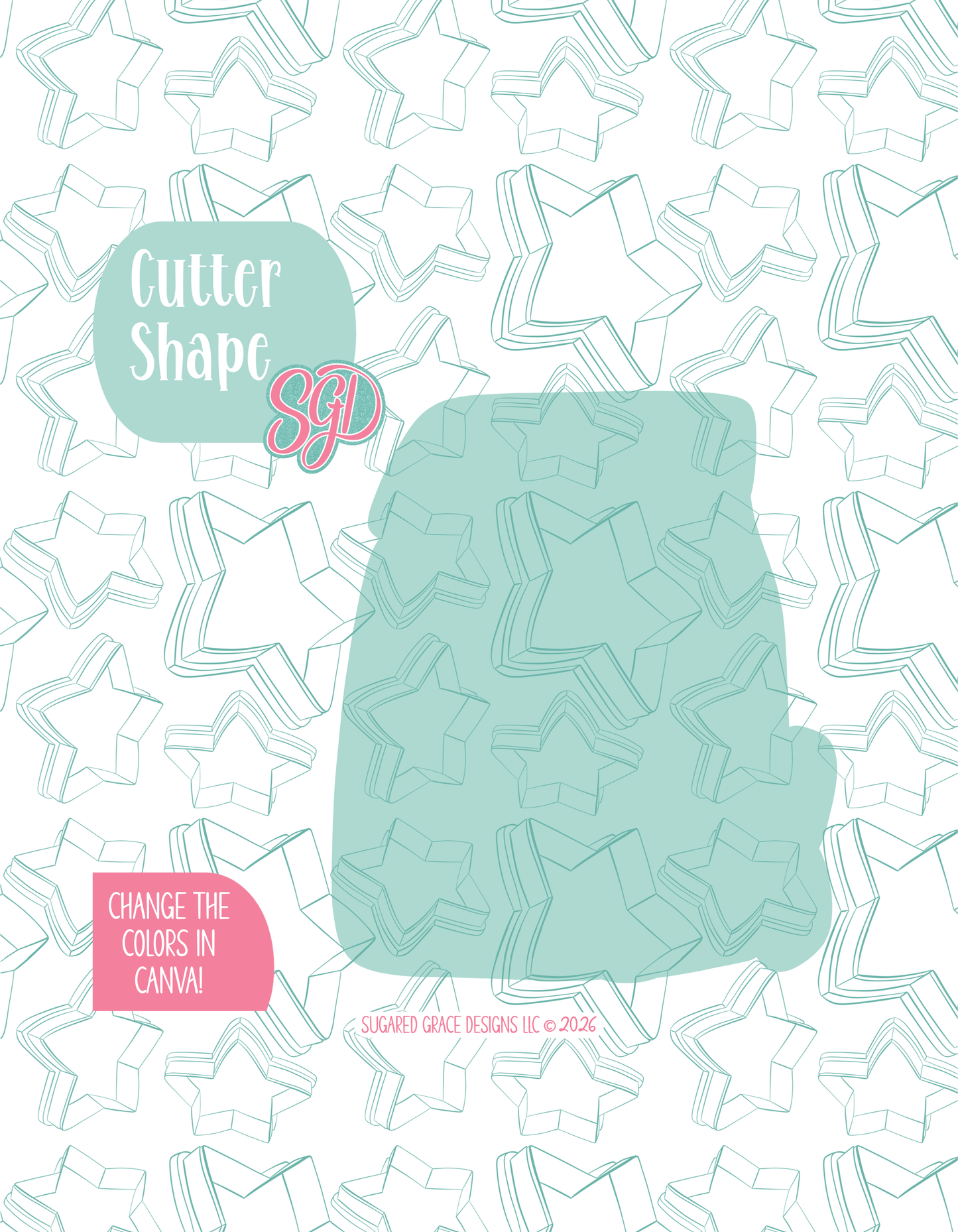 Illustrated Goldfish cracker and brown bag lunch, displayed on a background watermarked with a teal star pattern representing Sugared Grace Design’s brand. Text explains that the listing includes a Goldfish Lunch STL cookie cutter in multiple sizes plus editable PNG files.